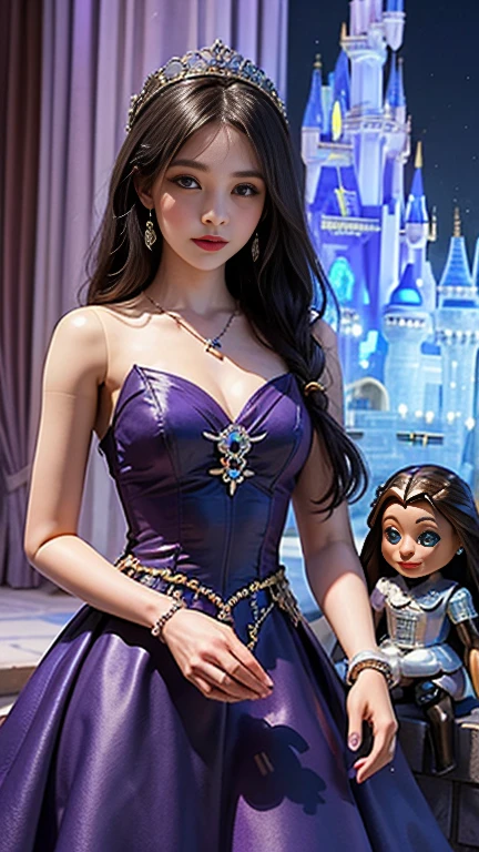 ((highest quality)), ((masterpiece)), (detailed), 1 girl, Nice face, Super long hair, Blue Hair, Impressive hairstyle, Small breasts, (Doll:1.5), (Purple Dress:1.5), (jewelry:1.5), (Disney Castle:1.5), (Ice Weather:1),