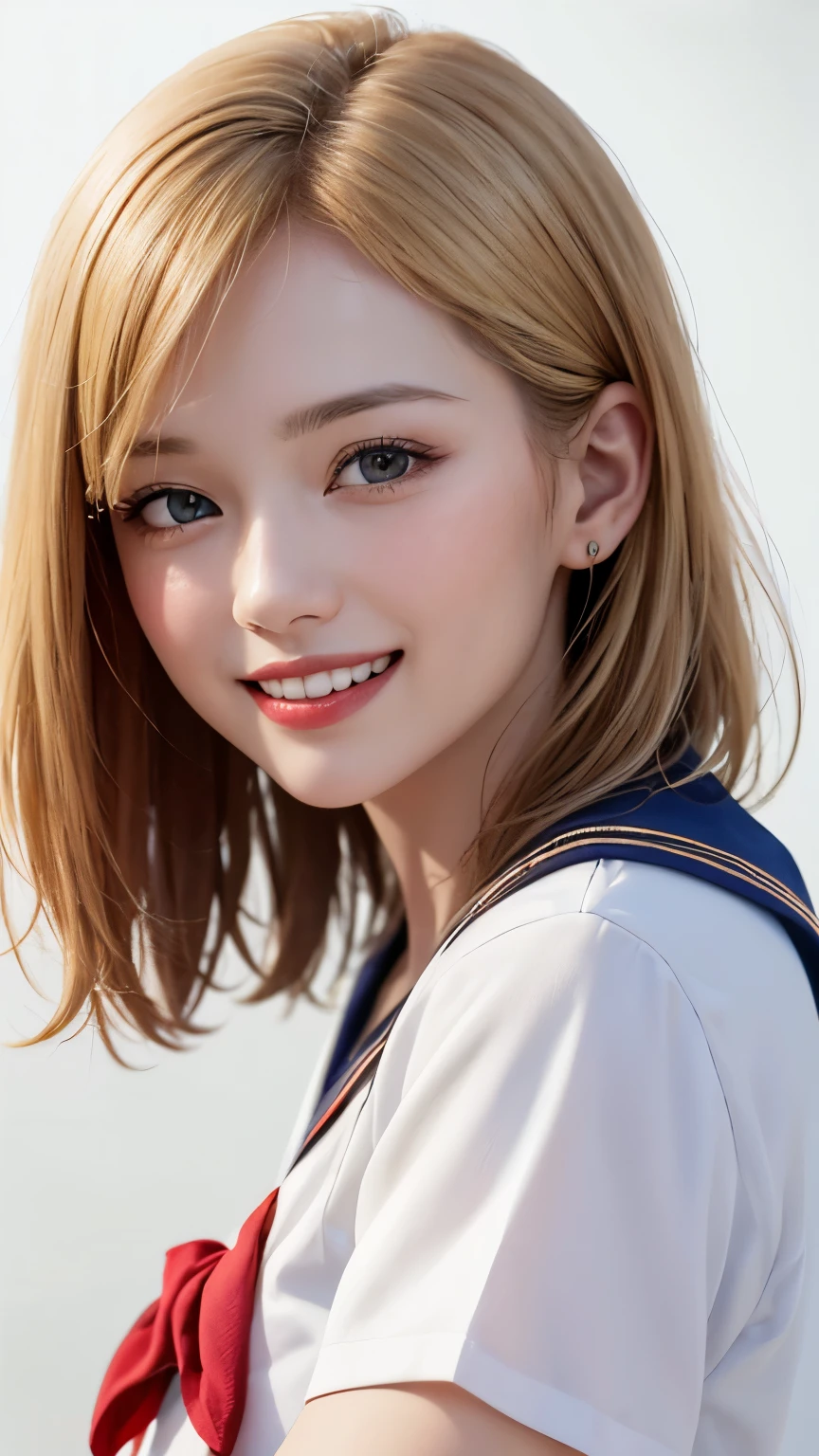 (highest quality、8k、32k、masterpiece)、(Realistic)、(Realistic:1.2)、(High resolution)、Very detailed、Very beautiful face and eyes、1 girl、Round and small face、Tight waist、Delicate body、(close、highest quality、Attention to detail、Rich skin detail)、(highest quality、8k、Oil paint:1.2)、Very detailed、(Realistic、Realistic:1.37)、Bright colors、(((blonde)))、(((Bust Shot)))、(((Medium Hair)))、(((Pure white wall background)))、(((Pure white wall background)))、(((Sailor suit、Short sleeve)))、(((He has a happy expression)))、(((smile)))、(((Look straight ahead)))、(((Golden Hair)))、(((Teeth are visible)))、