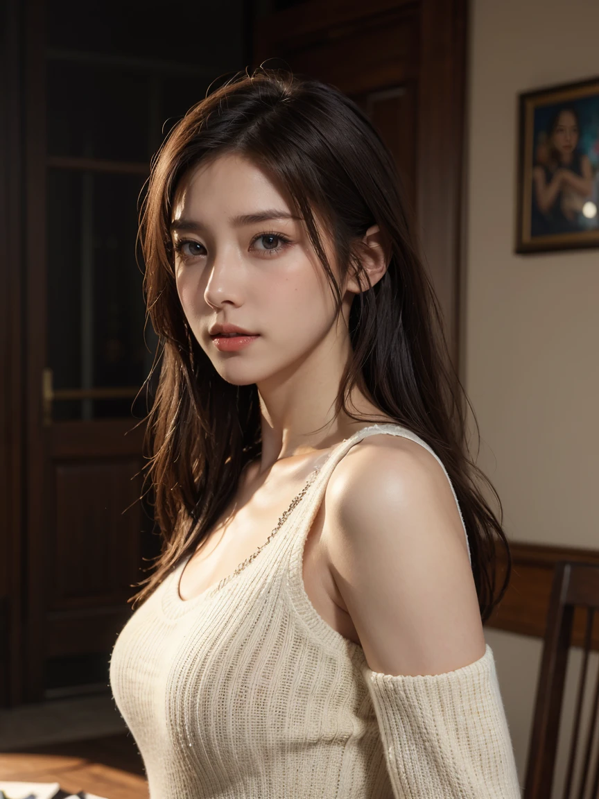 
fantasy art, photorealism, dynamic lighting, art station, poster, volumetric lighting, highly detailed face, (official uniform: 1.4), Long hair, sweater, delicate collarbone, exposing shoulders, ample breasts