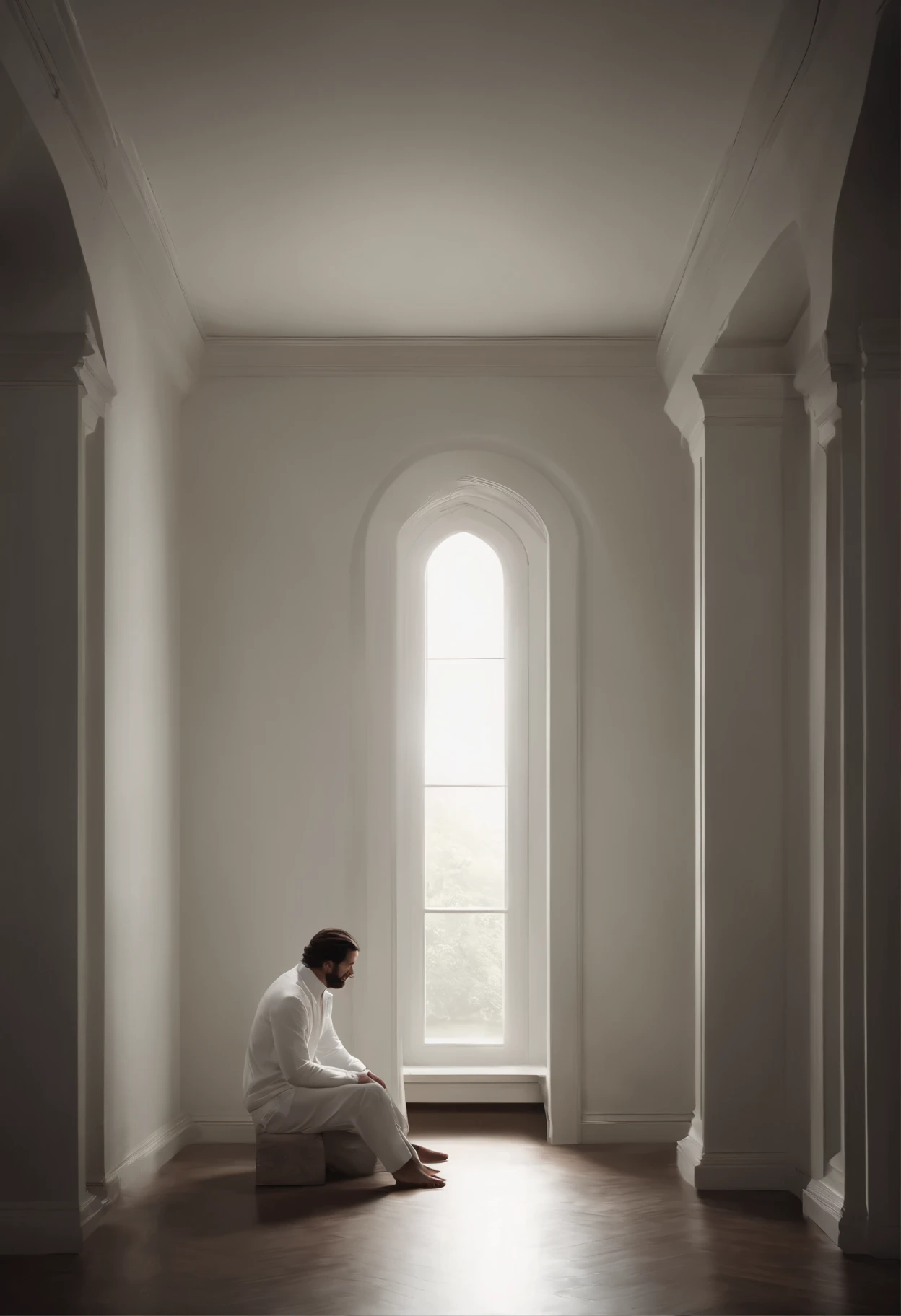 (best quality,4k,highres,masterpiece:1.2), ultra-detailed, realistic:1.37, a long and black-haired man with white clothes sitting in the corner of a blank room. melancholic look, detailed eyes, detailed lips, white clothes flowing, subtle shadows, atmospheric lighting, thought-provoking, introspective, moody ambiance, artistic photography, chiaroscuro effect, dramatic lighting, introspective mood, deep contemplation, minimalist setting, clean lines, blank walls, empty space, sense of solitude, calm and serene atmosphere.