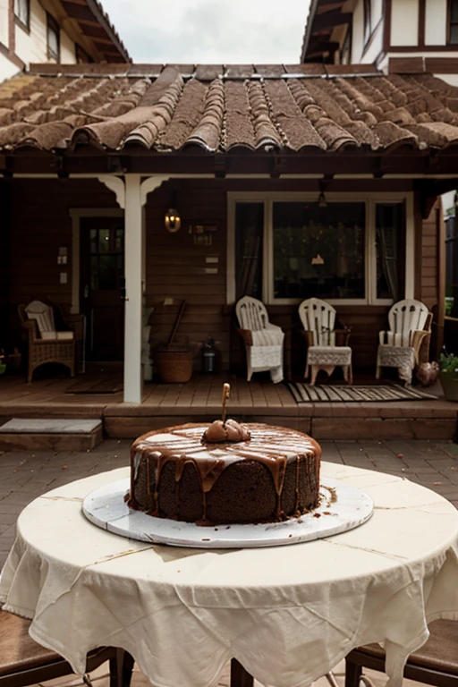 carrot cake, chocolate syrup on top, table with bakery details, beautiful background, porch of a house, realistic photo, high resolution, camera, perfect lighting, realistic.