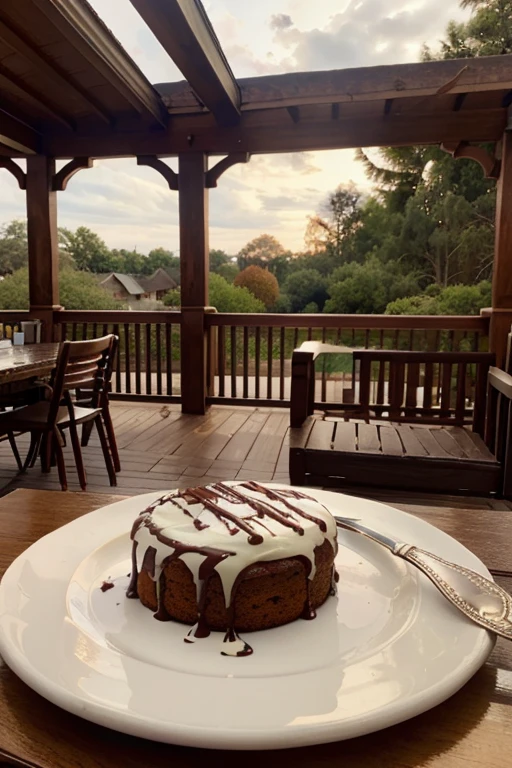 carrot cake, chocolate syrup on top, table with bakery details, beautiful background, porch of a house, realistic photo, high resolution, camera, perfect lighting, realistic.