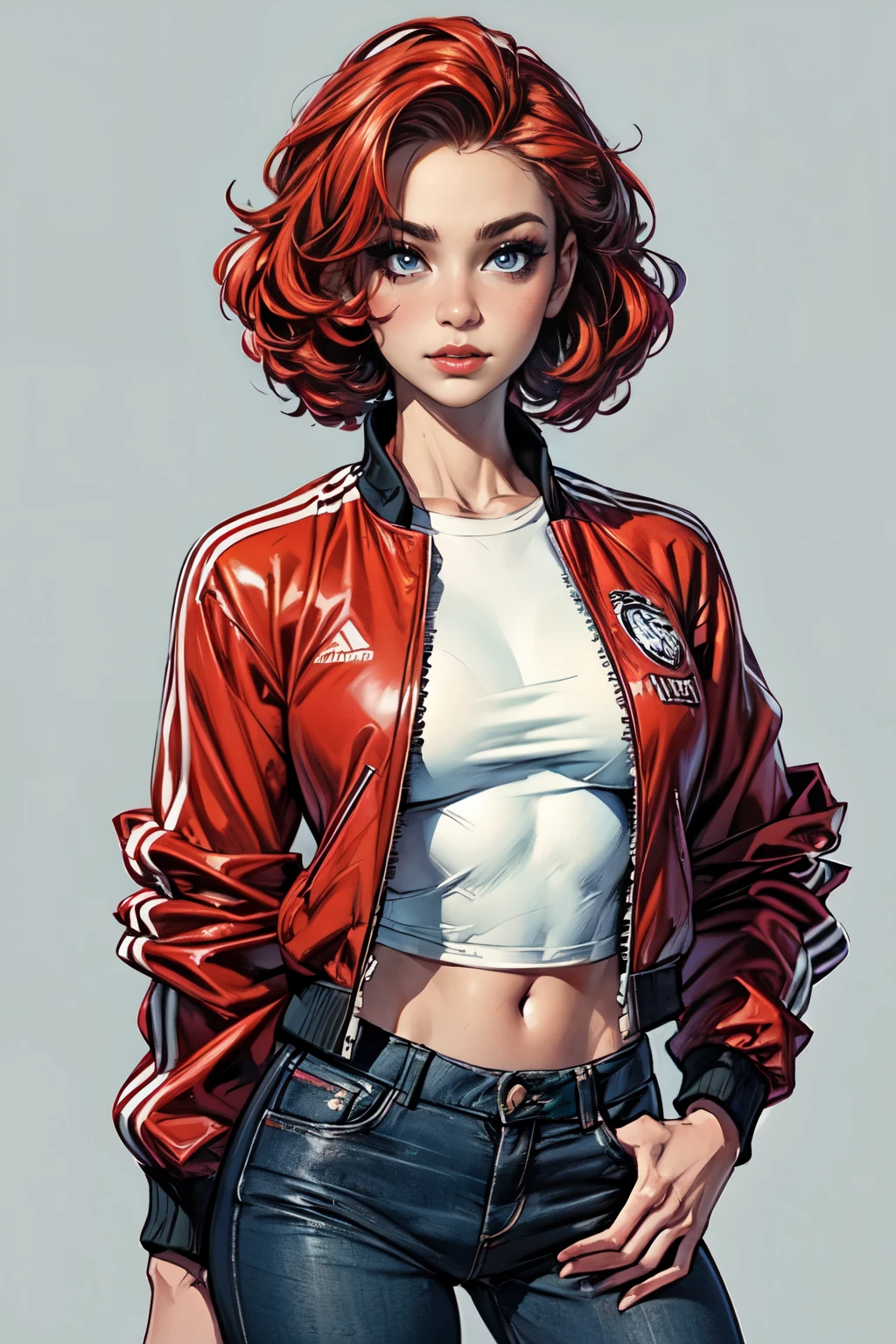 (best quality,4k,8k,highres,masterpiece:1.2),ultra-detailed,realistic,character concept art,comic book art,female,pale skin,spiky red hair,athletic,letterman jacket,fashionable,drip,artistic,gentle smile,beautiful detailed eyes,beautiful detailed lips,blue eyes,creative makeup,confident posture,colorful background,vibrant colors,studio lighting