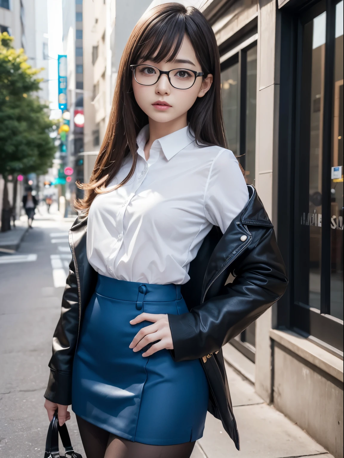 alone、solo、OL in her 20s in office uniform posing for a photo、(Black Pantyhose)、(Half Up),victory、Tsundere、Single knot、OL、suit、blue mini skirt、anger、small、Glasses、slim girl model photo、physical:the smallest middle-aged man in history、female model、Japanese female fashion model、(8k、RAW photo、highest quality、masterpiece:1.2)、(real、photorealistic:1.37)、Super detailed、Ultra high definition、office Street、 standing position、whole body、((((SEXY)))