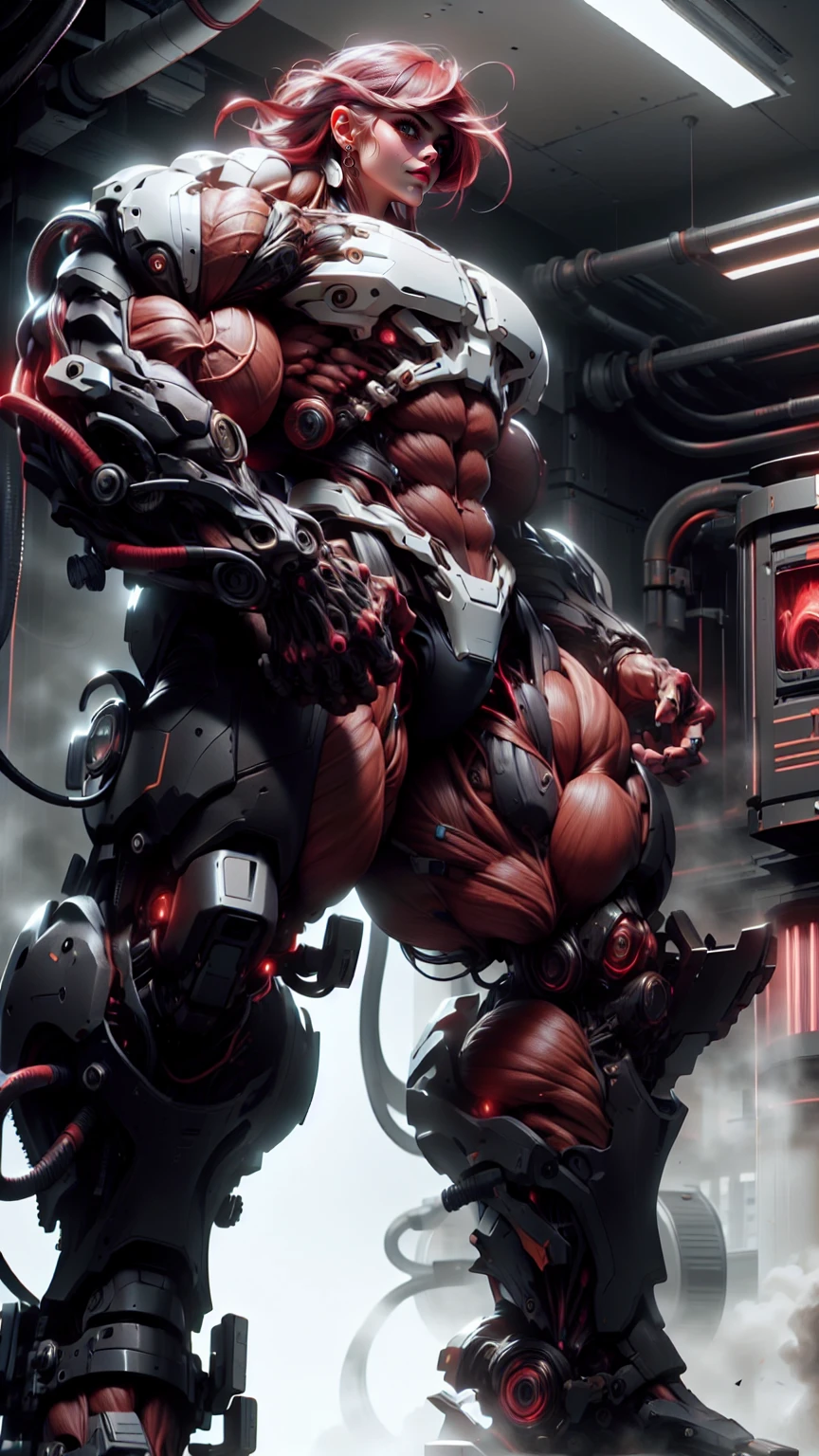 (1 girl), (cara delevingne), (muscular android girl wearing a black anatomic cybernetic muscle suit:1.25), (wide shoulders:1.25), (muscular defined physique:1.25), perfect hands, long hair, large breasts, high resolution image, extreme detail, blank background
