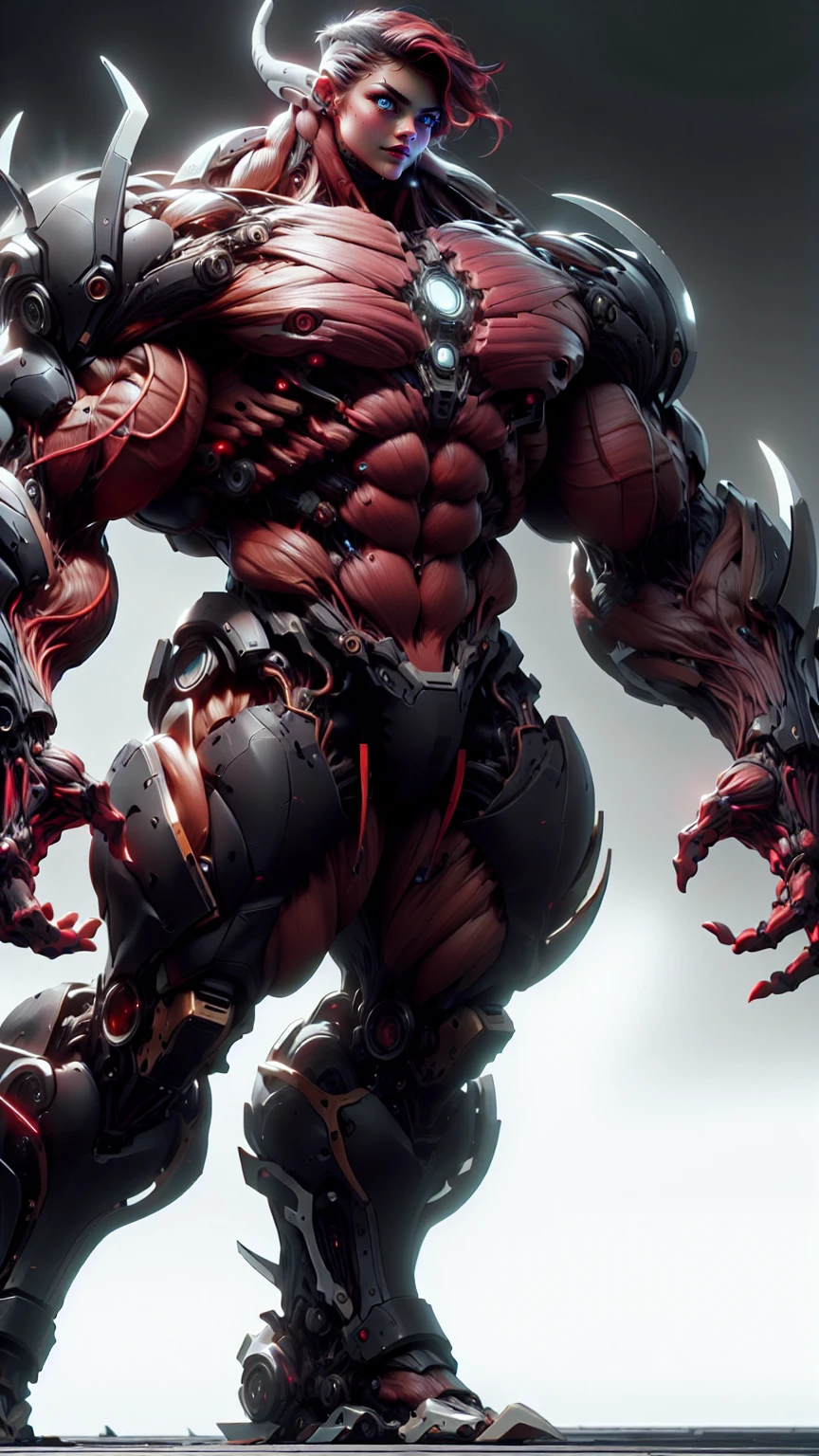(1 girl), (cara delevingne), (muscular android girl wearing a black anatomic cybernetic muscle suit:1.25), (wide shoulders:1.25), (muscular defined physique:1.25), perfect hands, long hair, large breasts, high resolution image, extreme detail, blank background