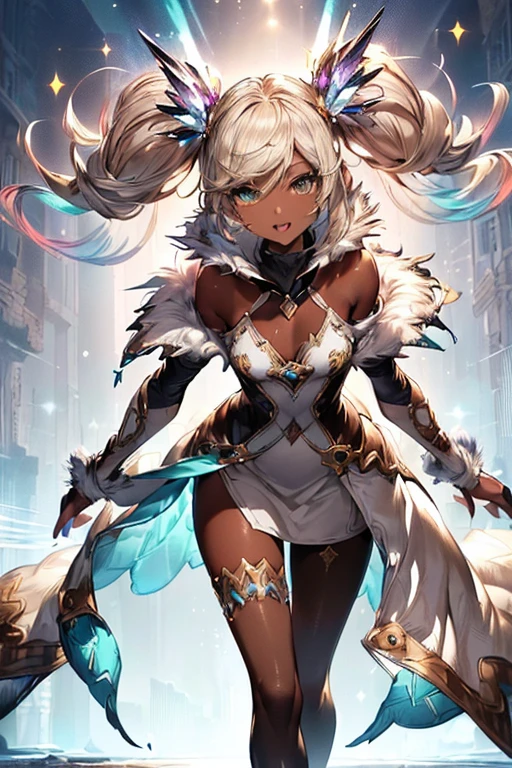 Iooiklas,Platinum Blonde Hair,Twin tails, hair ornaments, White Dress, Black knee socks, Removable sleeves,Complex eyes,Beautiful fine details,Symmetrical eyes,Big eyes:1.5,Seductive eyes, (((dark skin,dark_skin,lustrous skin:1.5,bright skin: 1.5, skin tanned,shiny skin,very shiny skin,Shiny body,plastic glitter skin,exaggerated shiny skin,illuminated skin))), (,Detailed body,(Detailed face)), cute,Lewd,erotic,Bold,Camel toe Revealing clothing,show skin,(((Sexy aqua fur coat, Aqua fur coat outfit, wearing a Ice Dress:1.3,aqua 冬 coat))), ((Ice Dress,elegant Ice Dress)), (White gloves,White clothes,(((Complex outfit,Complicated clothes,Embroidered costume,Glamorous costumes,Embroidered clothes, Glamorous clothing))),skinsuit, Bodysuits, pantyhose, High resolution,Sharp focus,(Super detailed,Very detailed),(Very detailed CG unity 8k wallpaper), (((Vibrant colors))),Spread your legs,(Anatomically correct),Shy laugh,Open your mouth,dynamic pose,whole body,