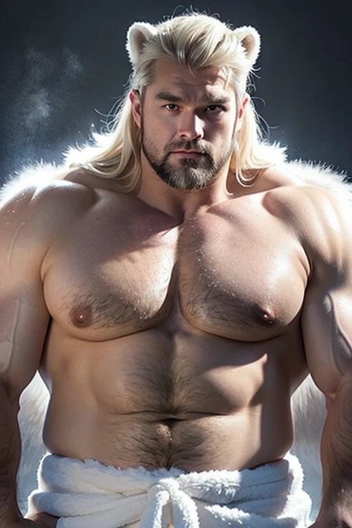 A man with polar bear ears on a gray and blonde haired Scandinavian polar bear head a super heavyweight flexing his muscles Shirtless bodybuilder A full body obese bodybuilder with a very sweaty body An extremely muscular and extremely fat old man over 70 years old weighing over 600 pounds Very muscular and very hairy with large pecs with dark nipples and gynecomastia in a very snowy arctic landscape wearing a white fur skirt