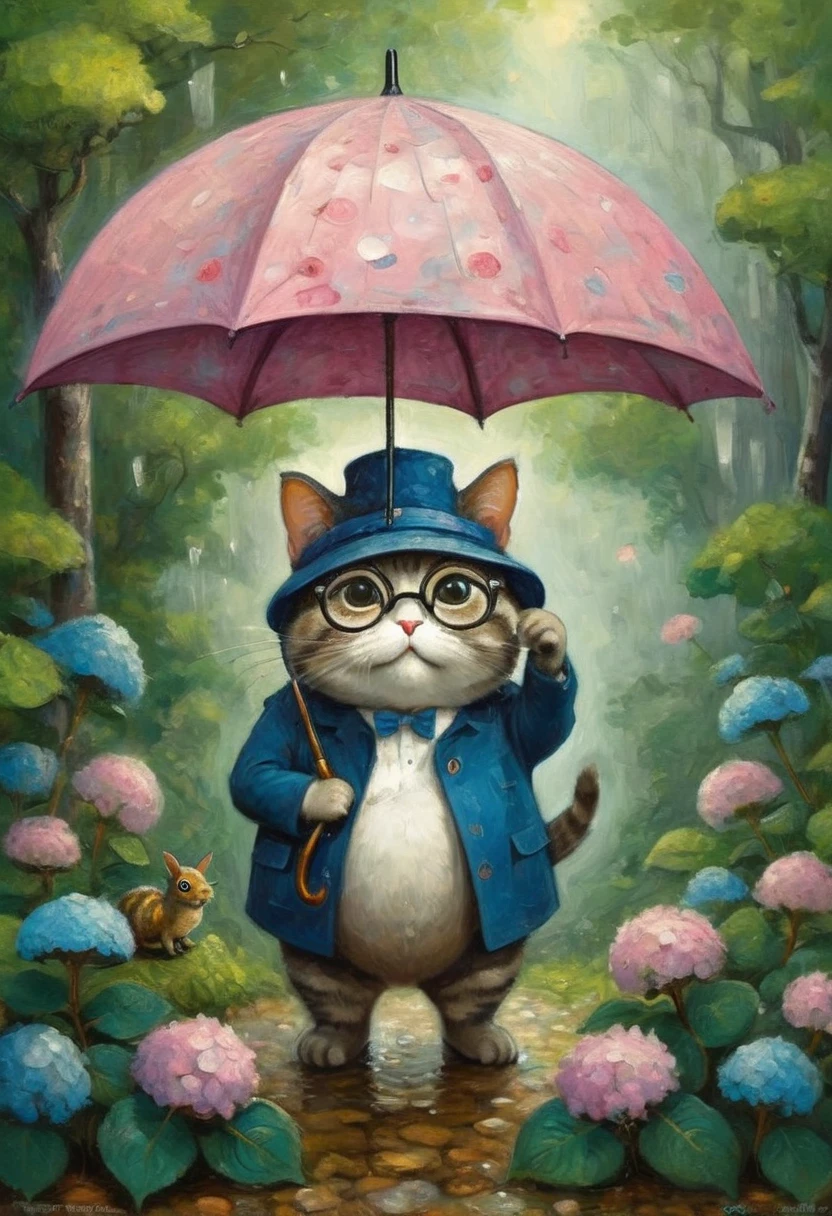 a chibi fat cat, glasses, holding a umbrella, snail on pink hydrangea (Hydrangea macrophylla), (raining:1.2), In the night woods, ((Marc Chagall style)), magical naive art, primitivism, protogen, ((Best quality, masterpiece)),
((((Highest detail), Impressionism:1,1, 8K