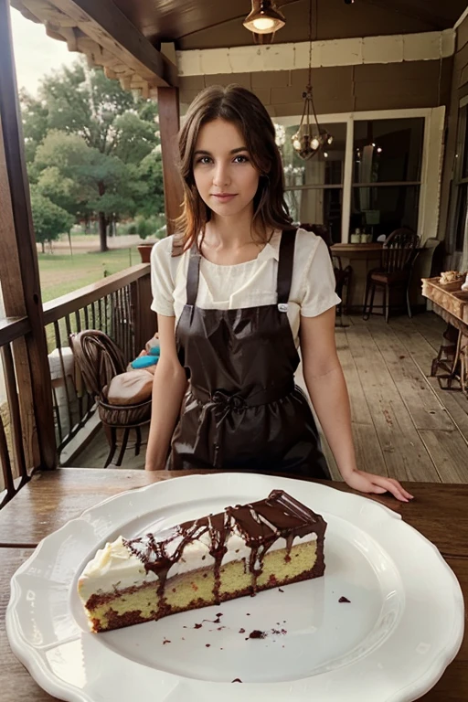 carrot cake, chocolate syrup all over the cake, American paste modeling the cake, table with bakery details, beautiful background, porch of a house, realistic photo, high resolution, camera, perfect lighting, realistic.