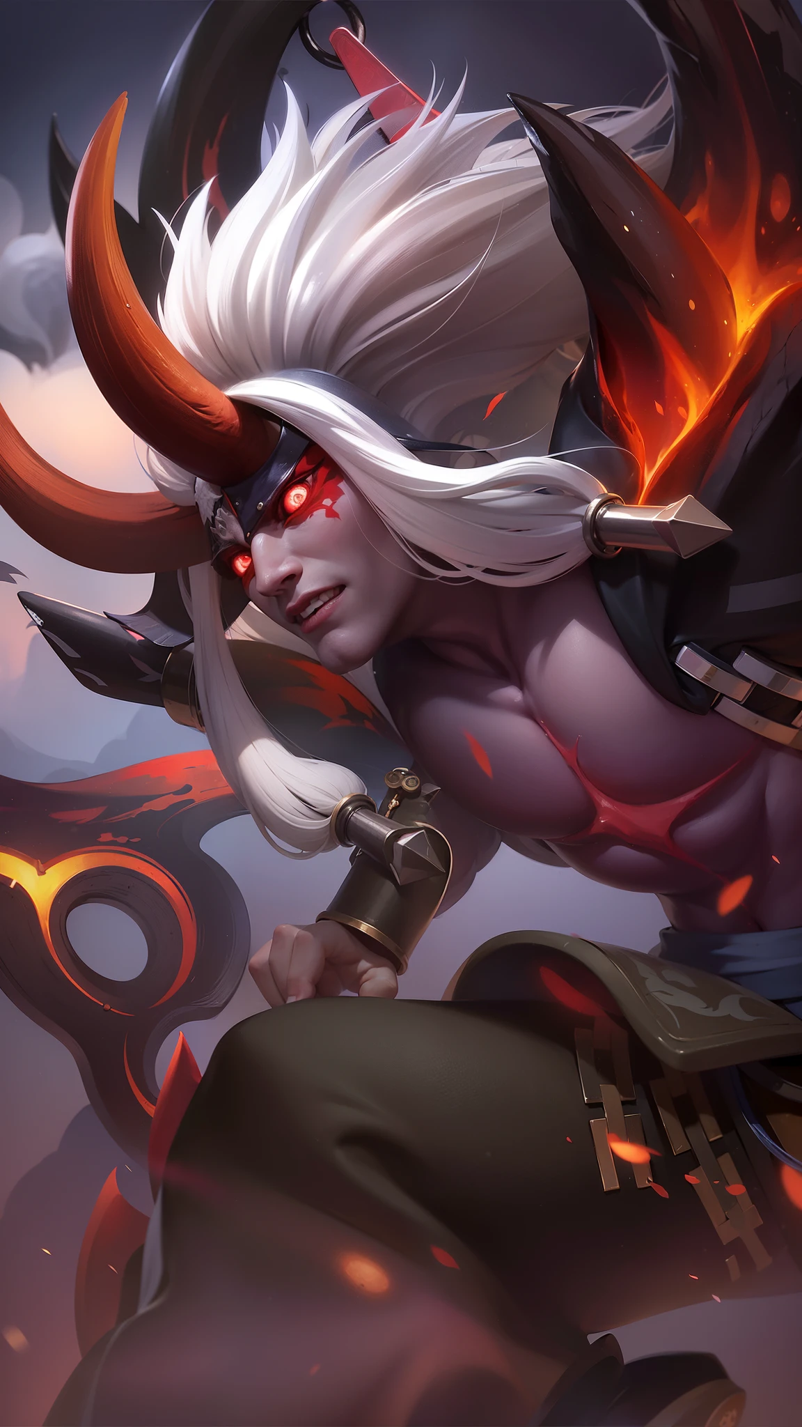 arafed image of a male character with a white hair and a horned face, onmyoji detailed art, onmyoji, official splash art, onmyoji portrait, iconic character splash art, sylas, amazing portrait of viego, splash art, by Yang J, character splash art, league of legends character art, league of legends art style, light red eyes, glare.