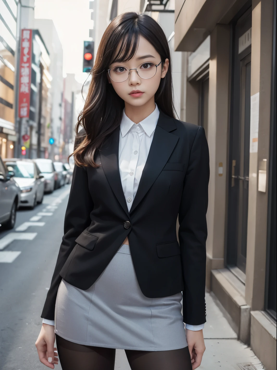 alone、solo、OL in her 20s in office uniform posing for a photo、(Black Pantyhose)、(Half Up),victory、Tsundere、Single knot、OL、suit、blue mini skirt、anger、small、Glasses、slim girl model photo、physical:the smallest middle-aged man in history、female model、Japanese female fashion model、(8k、RAW photo、highest quality、masterpiece:1.2)、(real、photorealistic:1.37)、Super detailed、Ultra high definition、office Street、 standing position、whole body、((((SEXY)))