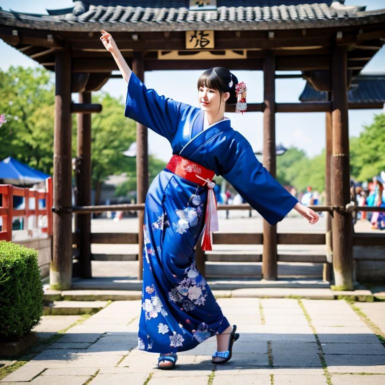1 Geisha、Blue kimono、dance、In front of the Brandenburg Gate