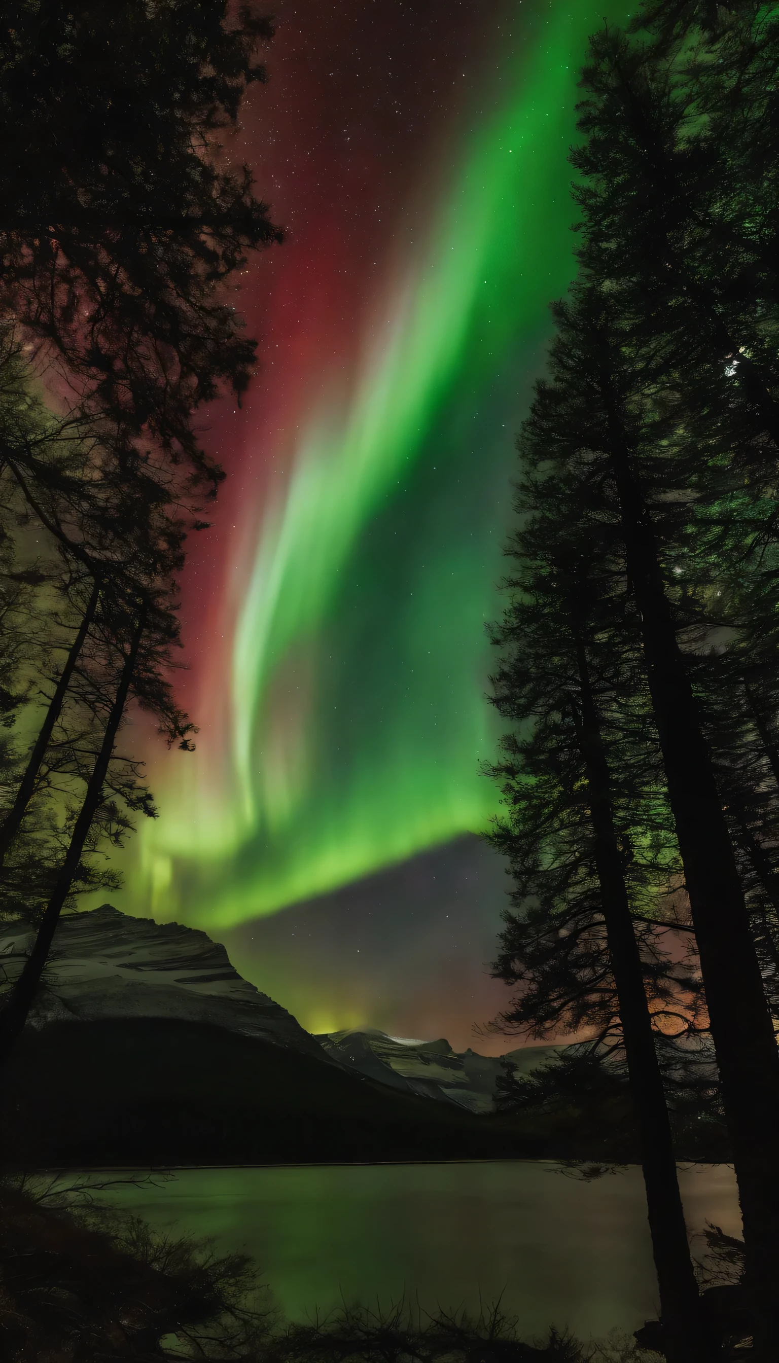 Master Parts、Superior Quality、superior image quality、The 8k quality、Beautiful pictures of the starry sky、magnifica、Arched Milky Way:1.25, Colorado mountains、some pine evergreen trees, spring season, (Red and green aurora borealis:1.5), night photography