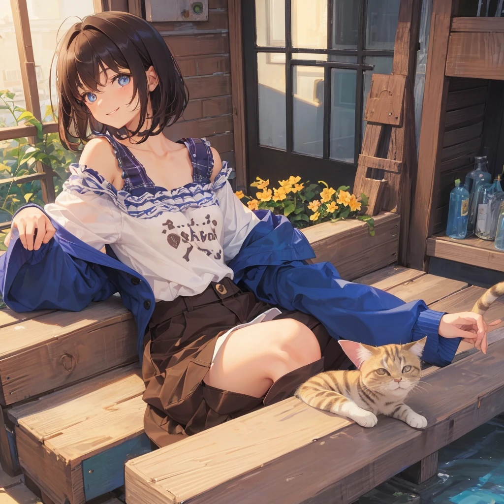 Cute girl ,17years old ,cat like eyes ,soft brownish skin ,brown short hair with blue stained,cute smile ,cute outfit 