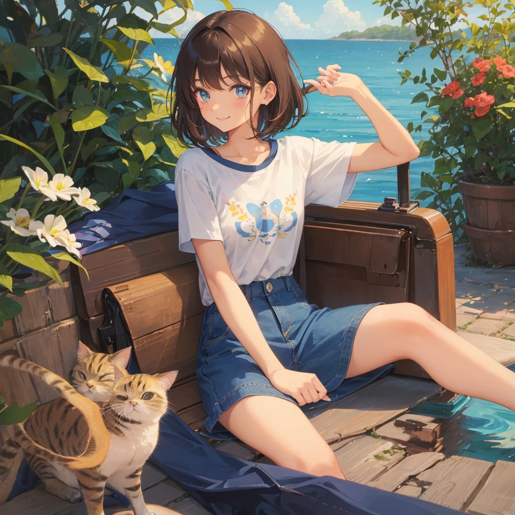 Cute girl ,17years old ,cat like eyes ,soft brownish skin ,brown short hair with blue stained,cute smile ,cute outfit