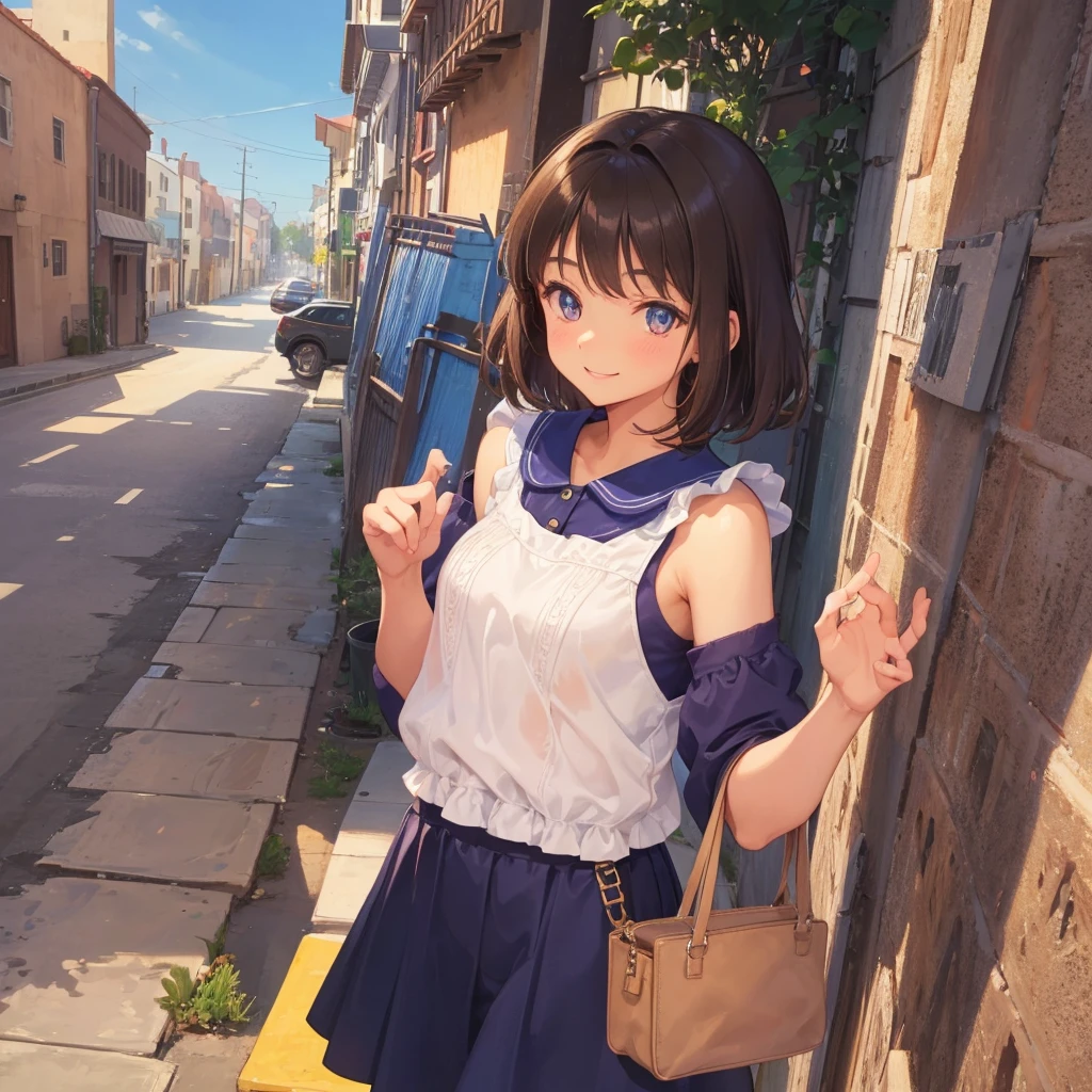 Cute girl ,17years old ,cat like eyes ,soft brownish skin ,brown short hair with blue stained,cute smile ,cute outfit