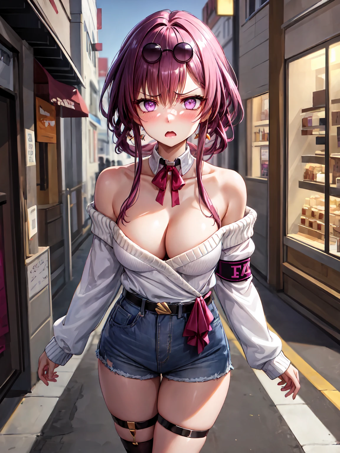 Masterpiece ,best quality , high resolution , ultra detail , colorful , soft light , (side view:0.9) , (glowing eyes , ultra detail eyes , perfect face , ultra detailed hair and face) , (1 girl solo:1.38) , (sunglasses, eyeweard on head, purple hair , purple eyes , neck-ribbon) , (bare shoulder , sweater , denim microshort , bow , chocker , belt) , (standing:1.24) , (sagging Neckline, low cut) , armband, thigh strap ) , (cleavage:1.3) , (medium breast:1.3) , ( full face blush , shy , (frown:1.2) , (width open mouth:1.25)) , (outdoor , city , shop , road) ,