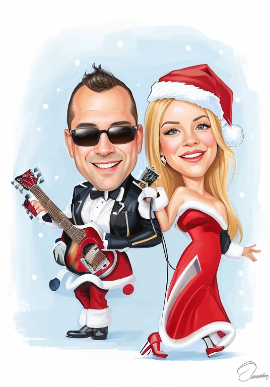 JIM EIDOMODE, 4K, a cartom of a man and woman in santa hats with a guitar, caricature, caricatura style, Christmas, caricature illustration, in cartom style, by Melissa Benson, caricatura!!!, caricatura, Artists, cartom style illustration, tone, cool, cartom illustration, rendition artists, cartom art, shocking, caricature, cartom digital art, digital art cartom