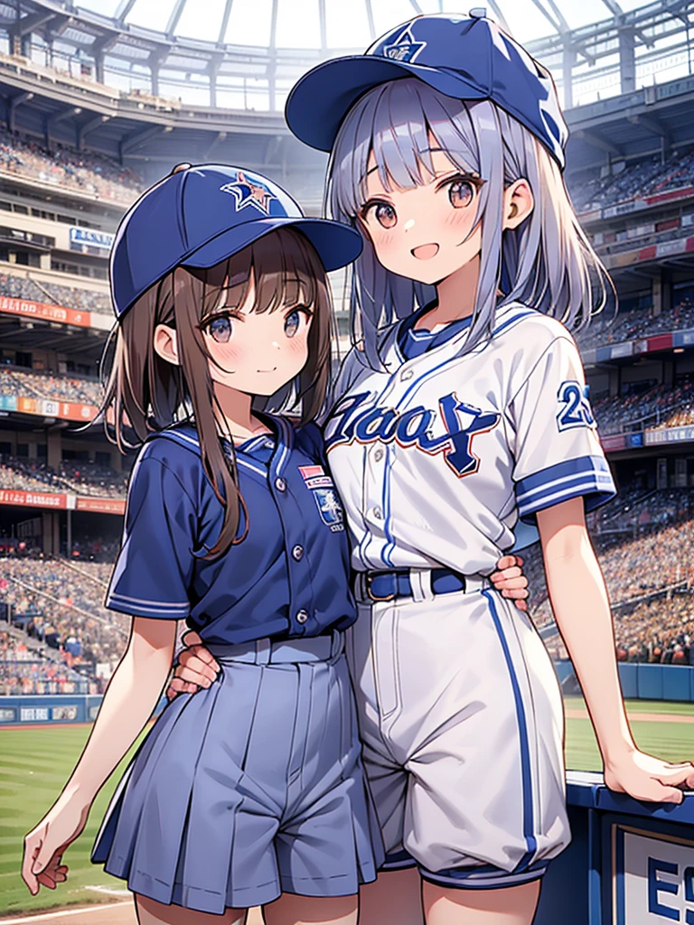 Yokohama DeNA Baystars, Tabletop, Ultra-detailed, highest quality,
((Blue striped baseball uniform)), Two cute girls, ((Blunt bangs)), Brown Hair, Brown eyes, Medium Hair, (indigo Bloomers:1.5), Bloomers, ((Silver star hairpin on the right bangs)), (Uniform Number.25:1.5), baseball field left field seats, (smile), (Shouted out), (Baseball cap:1.2), (Tokyo Dome), Cowboy Shot, (from the front:1.2), I'm looking forward to,
(Large crowd),