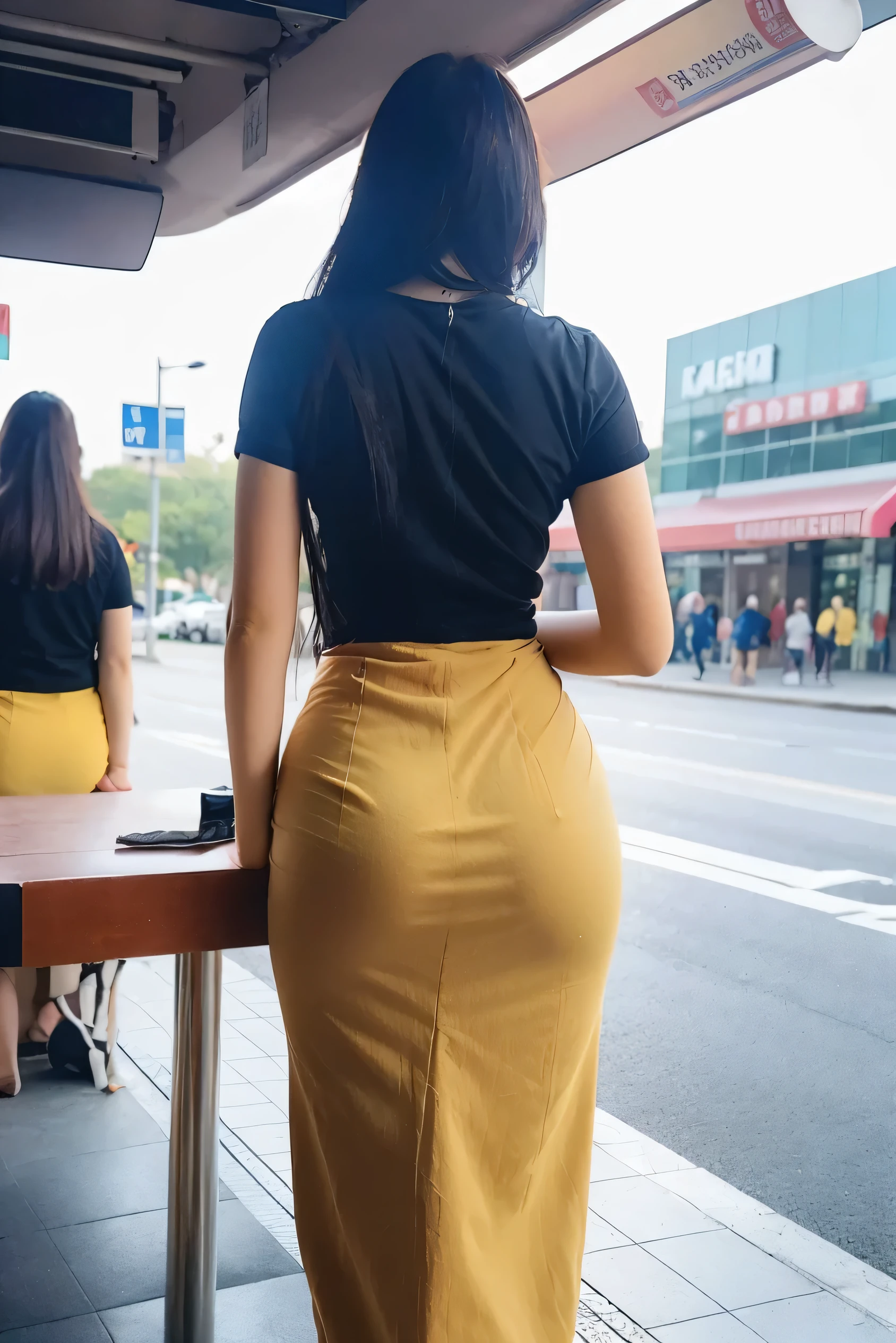 araffe woman is sittingding on a bus platform with a bag in her hand, uhd candid photo of dirty, candid shot, photo still of behind view, candid picture, candid photo, candid,sitting, candid photograph, picture from behind, photo from behind,sitting, photo taken from behind, shot from the back,sitting, wearing honey - themed miniskirt, bottom shot,widest hips,thick thigs,tight skirt wrapped around her hips,widest hips.acmm outfit.