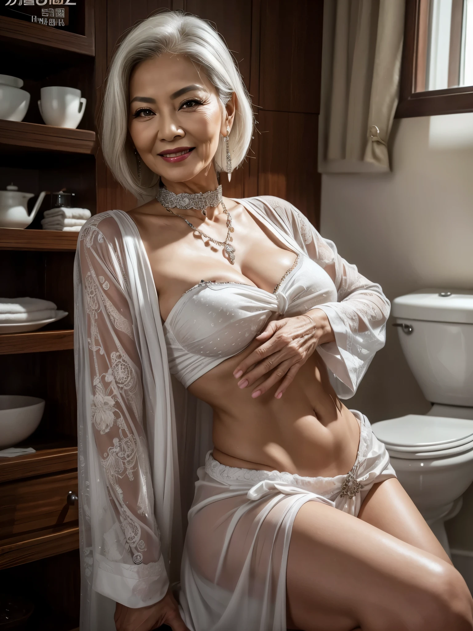 75 years old Mom MILF Chinese Lady large earring Big choker navel piercing decoration A bracelet Silver Hair realisitic Gorgeous Madame Beautiful Mature Woman sexy Smile Gentle woman navel piercing 4K High quality toilet Gorgeous Madame Beautiful Mature Woman