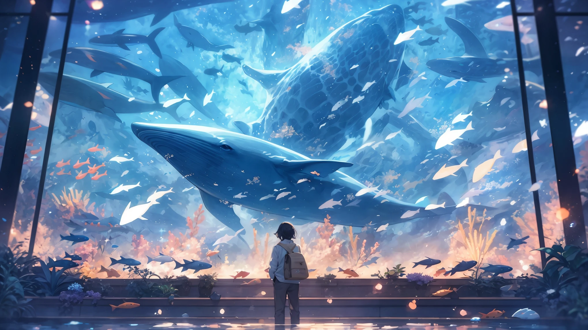 masterpiece,A fantastic and beautiful picture of a huge aquarium,Man standing in front of observation deck,See the whales through the glass。Delicate Whale,Beautiful Whale,Kind Whale,Cute whale,These animals swim in the sea of stars.,𝓡𝓸𝓶𝓪𝓷𝓽𝓲𝓬,Fairytale Sparkle,Japanese anime style、Popular on Lela's Art Station,Topics on pixiv,Pink big ,Pink fluorescence,Light blue and yellow color scheme,School of fish,(Depth of written boundary:3)