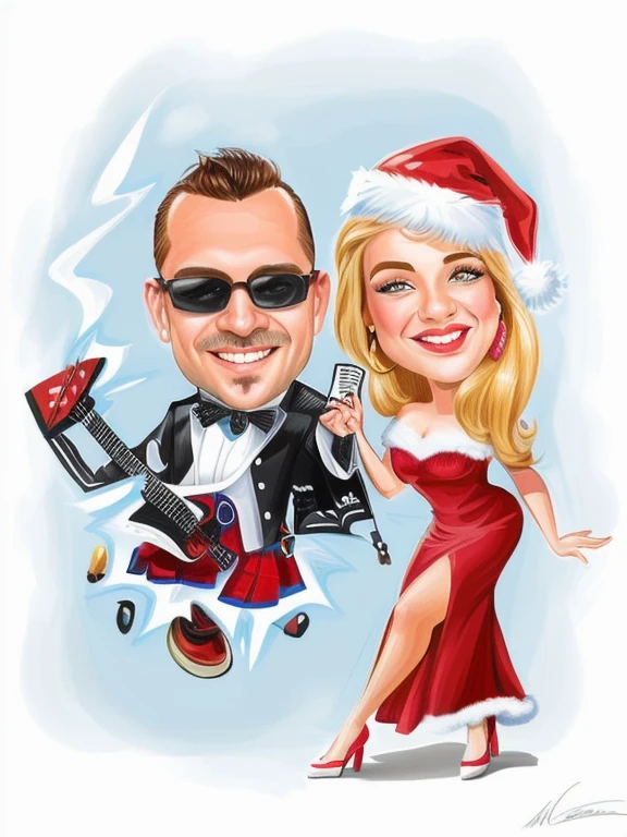 JIM EIDOMODE, 4K, a cartom of a man and woman in santa hats with a guitar, caricature, caricatura style, Christmas, caricature illustration, in cartom style, by Melissa Benson, caricatura!!!, caricatura, Artists, cartom style illustration, tone, cool, cartom illustration, rendition artists, cartom art, shocking, caricature, cartom digital art, digital art cartom