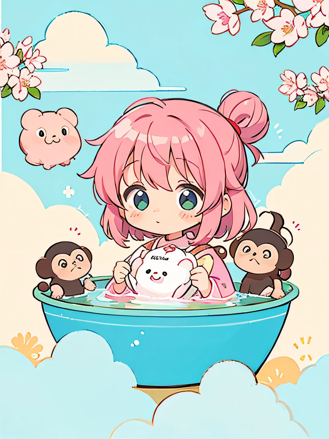 Momoko Sakura style, Kawaii Design, The most beautiful girl of all time、Chibi, Take a bath naked、monkeys,