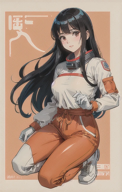 1 Woman,plump_breast,Lovely,beautiful detailed Eye,shiny hair,visible through hair,hairs between Eye, CCCP poster, Soviet Unionposter,Red and Cyan Monochrome,Soviet Union poster, Soviet Union,, Black_hair,Red_Eye,vampire,teenager,breast不好,Space suit:orange_clothing_Body:Jumpsuit),White_Gloves, White_Space shoes, White_helmet, the CCCP Red letters on the top of helmet, weightlessness, Side light, reflection, 穿着Space suit的人位于画面左下方, Right hand extended, Right hand gently touches the Salyut space station), The space station in the upper right corner of the screen, 太阳reflection光, silvery metal,Red flag, Brilliance,Soviet Union风格, diffuse reflection, metallic feel, The blue earth in the distance,Mecha style,Sea of Stars,high pitch, Gorgeous