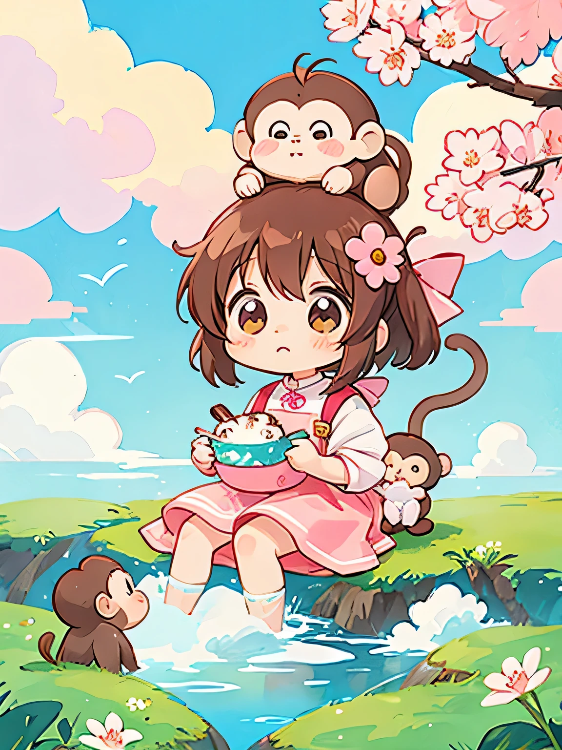 Momoko Sakura style, Kawaii Design, Chibi girl monkey, Monkey bathing, Above the Clouds