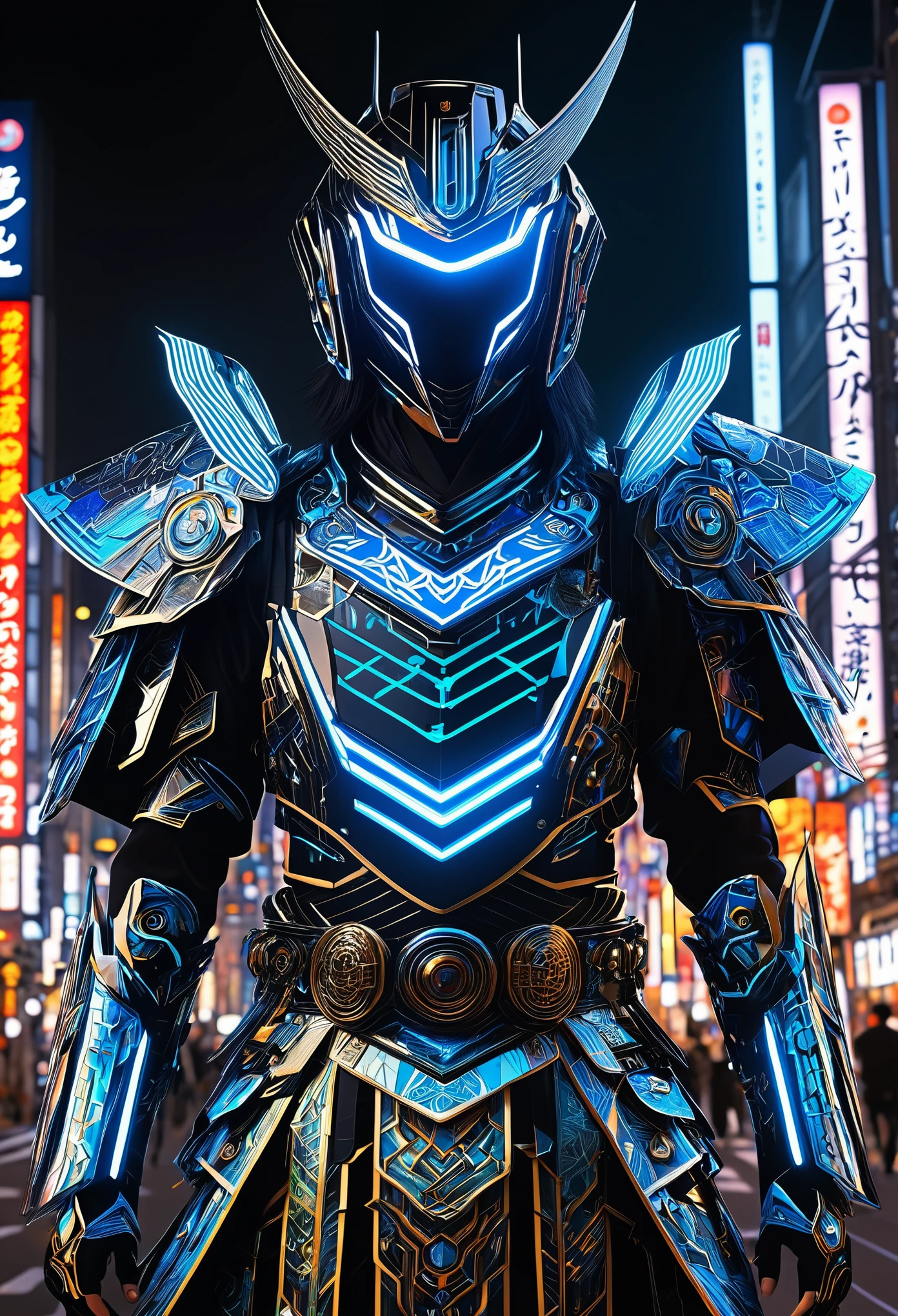 (high quality), (masterpiece), (detailed), 8K, Hyper-realistic illustration depicts (Japanese boy1.3) donning (intricately designed1.2) fantasy attire, blending (traditional Japanese1.2) and (futuristic1.2) elements. His (ornate armor1.2) is adorned with (glowing neon accents1.2) and (holographic patterns1.2), while his (long black hair1.2) flows with an otherworldly (luminescent sheen1.2). He stands amidst a (neon-lit Tokyo cityscape1.2), surrounded by (holographic advertisements1.2) and (levitating drones1.2), embodying the fusion of (ancient traditions1.2) and (cutting-edge technology1.2). In the style of Hajime Sorayama, trending on DeviantArt.