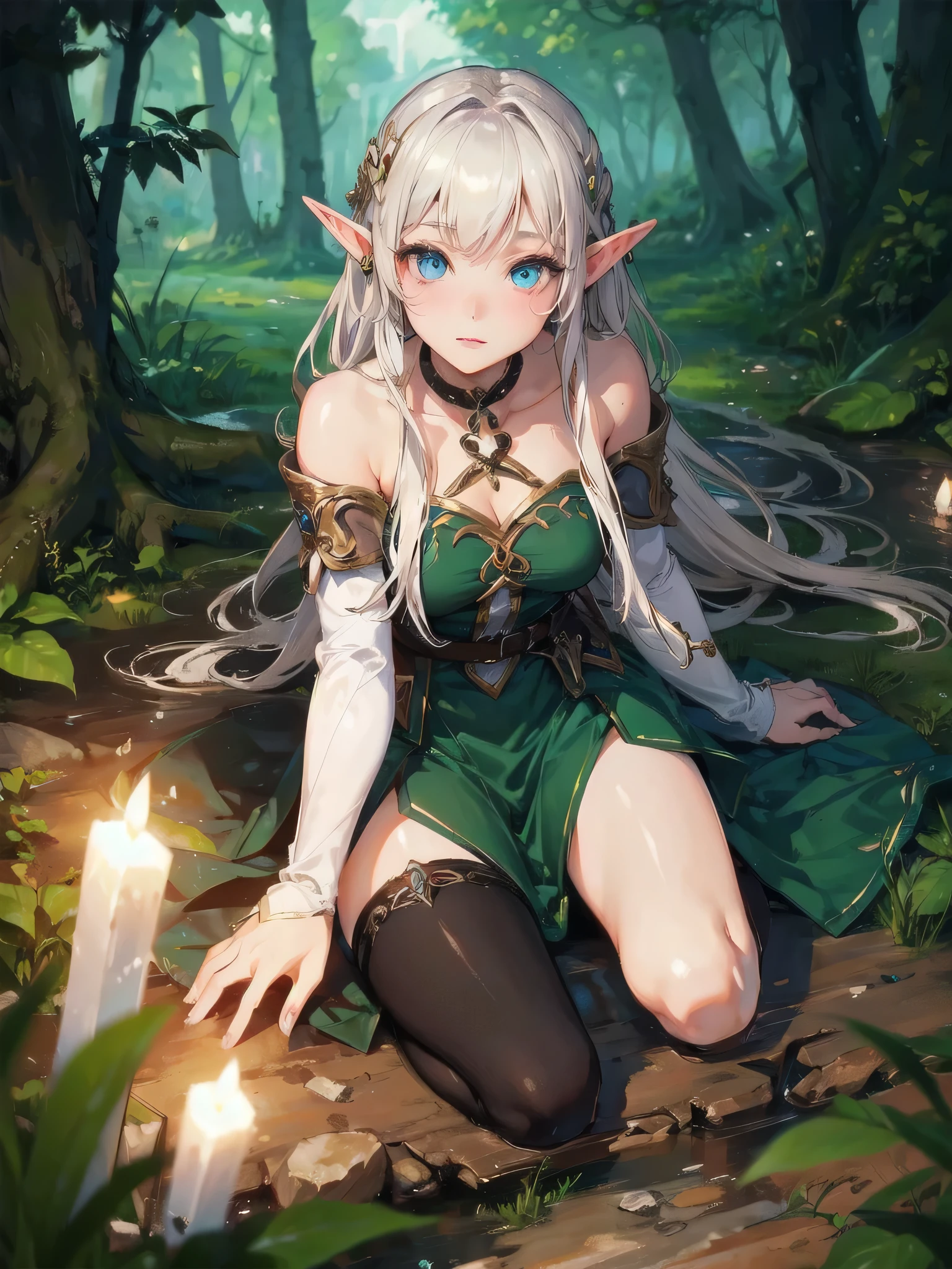 (adult elf woman with her whole body wrapped around a plant vine) (torn light blue cloth garment) Torn garment Top Quality Slender waist (perfectly proportioned hands, 1 thumb, 4 fingers) (pale blonde disheveled semi-long) Slim abdomen Navel out Adult woman Realistic skin (beautiful shiny blue eyes, teary eyes) Beautiful face Beautiful legs (clean ears, pointed ears) In the dense forest Eyes staring at the viewer Plant vine wrapped around the whole body of a woman Crawling on all fours Full body Small buttocks