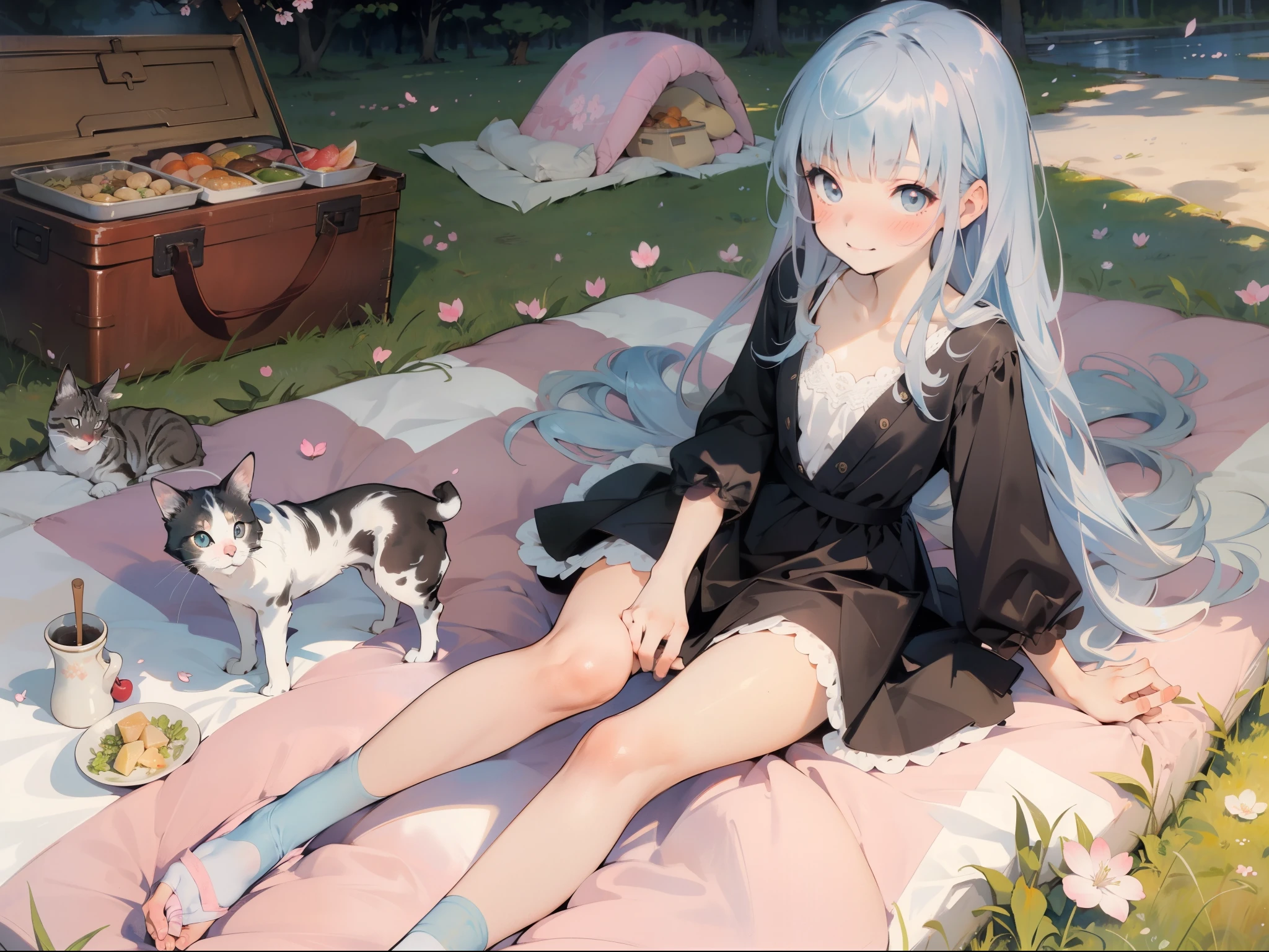 masterpiece, best quality, extremely detailed, (illustration, official art:1.1), 1 girl ,masterpiece, best quality, extremely detailed, (illustration, official art:1.1), 1 girl ,(((( light blue long hair)))), light blue hair, ,10 years old, long hair ((blush)) , cute face, big eyes, masterpiece, best quality,(((((a very delicate and beautiful girl))))),Amazing,beautiful detailed eyes,blunt bangs((((little delicate girl)))),tareme(true beautiful:1.2),Pale blue hair,By bangs,long whitr hair,eyes blue,By bangs,teens girl,Lolita long dress,All body,, (masterpiece, highest quality), close, wide angle, Fisheye, young,elementary school girl,naked,close,smile,eat,(sitting on the floor:1.2),next to a small kotatsu,(A sheet full of food,Rich cuisine,Heaps of food),Spring in the park,Cherry blossom trees,Cherry blossom viewing,(Heaps of food on the Picnic sheet),outside,comfortable,small cat,grass,Picnic sheet,SakuraFubuki,bright,white,watercolor,
