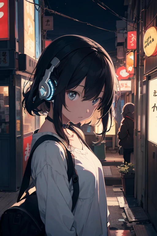 An illustration of a girl listening to music with headphones lost in thought in a room in a house with a view of the neon lights of Tokyo late at night
