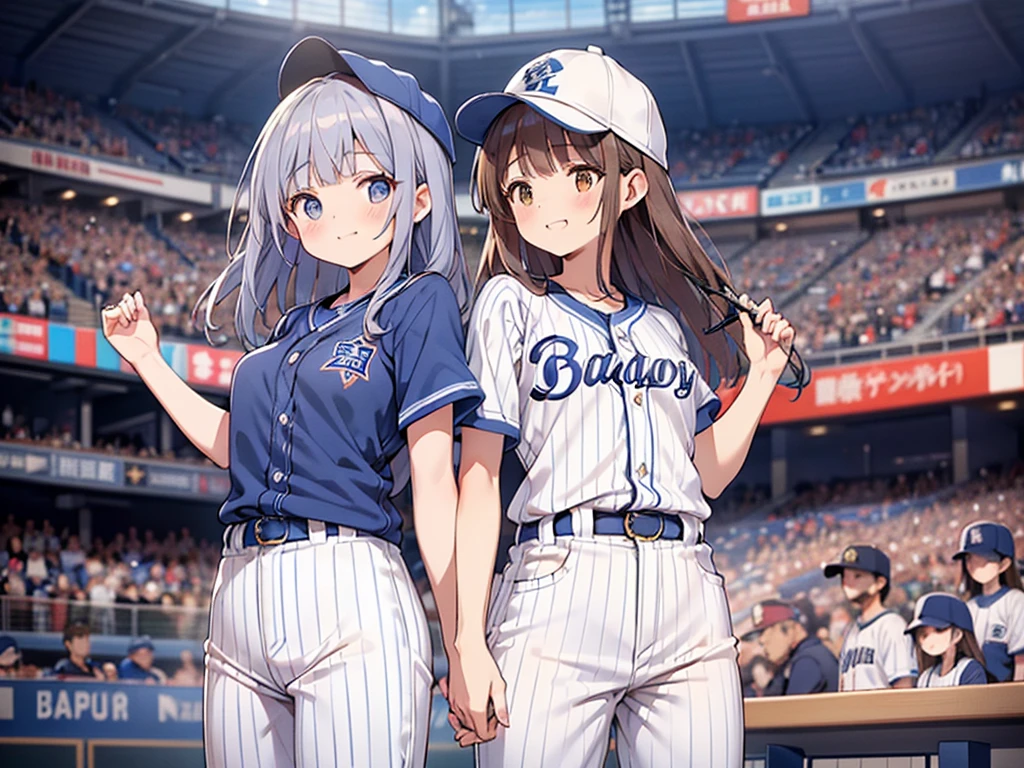 Yokohama DeNA Baystars, Tabletop, Ultra-detailed, highest quality, 
((Blue striped baseball uniform)), Two cute girls, ((Blunt bangs)), Brown Hair, Brown eyes, Medium Hair,  (indigo Buruma:1.5), Bloomers, ((Silver star hairpin on the right bangs)), (Uniform Number.25:1.5), baseball field left field seats, (smile), (Shouted out), (Baseball cap:1.2), (Tokyo Dome), Cowboy Shot, (from the front:1.2), 
(Large crowd), 