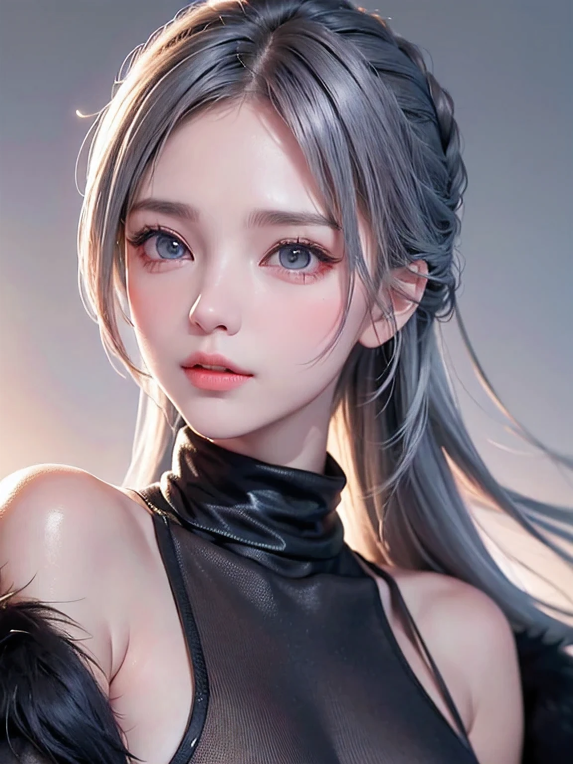 (Close-up image:1.5)((masterpiece:1.5、8k、Portraiture、Photorealistic and very detailed CG、Very detailed、Particle Effects、Dynamic Effects、Written boundary depth、Cinematic Light、Lens flare、Ray Tracing、Tabletop、Realistic:1.4、超A high resolution:1.2、Realistic、Realistic))((alone、Turtleneck dress,Sleeveless、Woman in a black fur coat:1.4、Exposed lateral breastodel-like pose、Detailed face、Bright expression、young, Brighter, Whiter skin、Small breasts:1.4、Best Looks、Ultimate beauty、Grey hair with shiny highlights:1.8、Bright and shiny hair,、Arrangement Hair、Hair dancing in the wind))(morning、In the background is a snowy hill overlooking the ruins..)