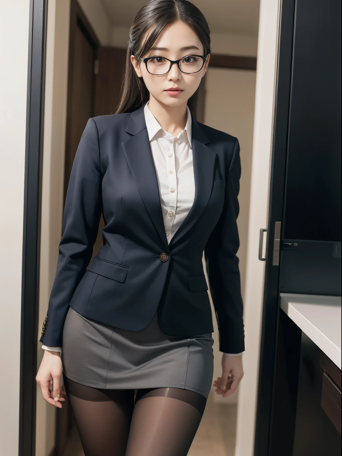 alone、solo、OL in her 20s in office uniform posing for a photo、(Black Pantyhose)、(Half Up),victory、Tsundere、Single knot、OL、suit、blue mini skirt、anger、small、Glasses、slim girl model photo、physical:the smallest middle-aged man in history、female model、Japanese female fashion model、(8k、RAW photo、highest quality、masterpiece:1.2)、(real、photorealistic:1.37)、Super detailed、Ultra high definition、office Street、 standing position、whole body、((((SEXY)))