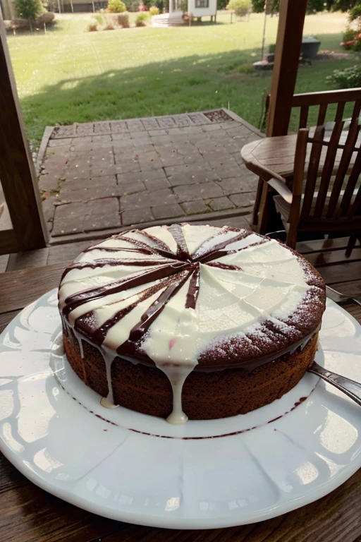 carrot cake, chocolate syrup all over the cake, table with bakery details, beautiful background, landscape background, porch of a house, photo focus on the cake, close-up photo, realistic photo, high resolution, camera, perfect lighting , realist.