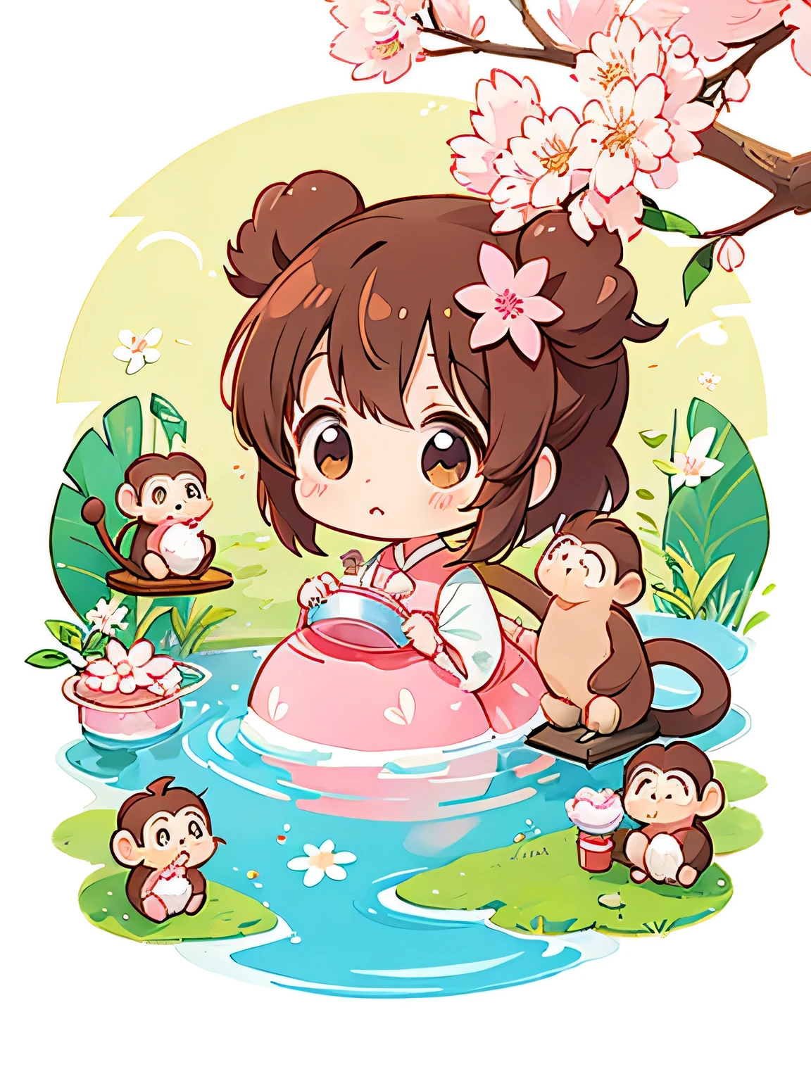 Momoko Sakura style, Kawaii Design, Chibi girl monkey, Monkey bathing, 