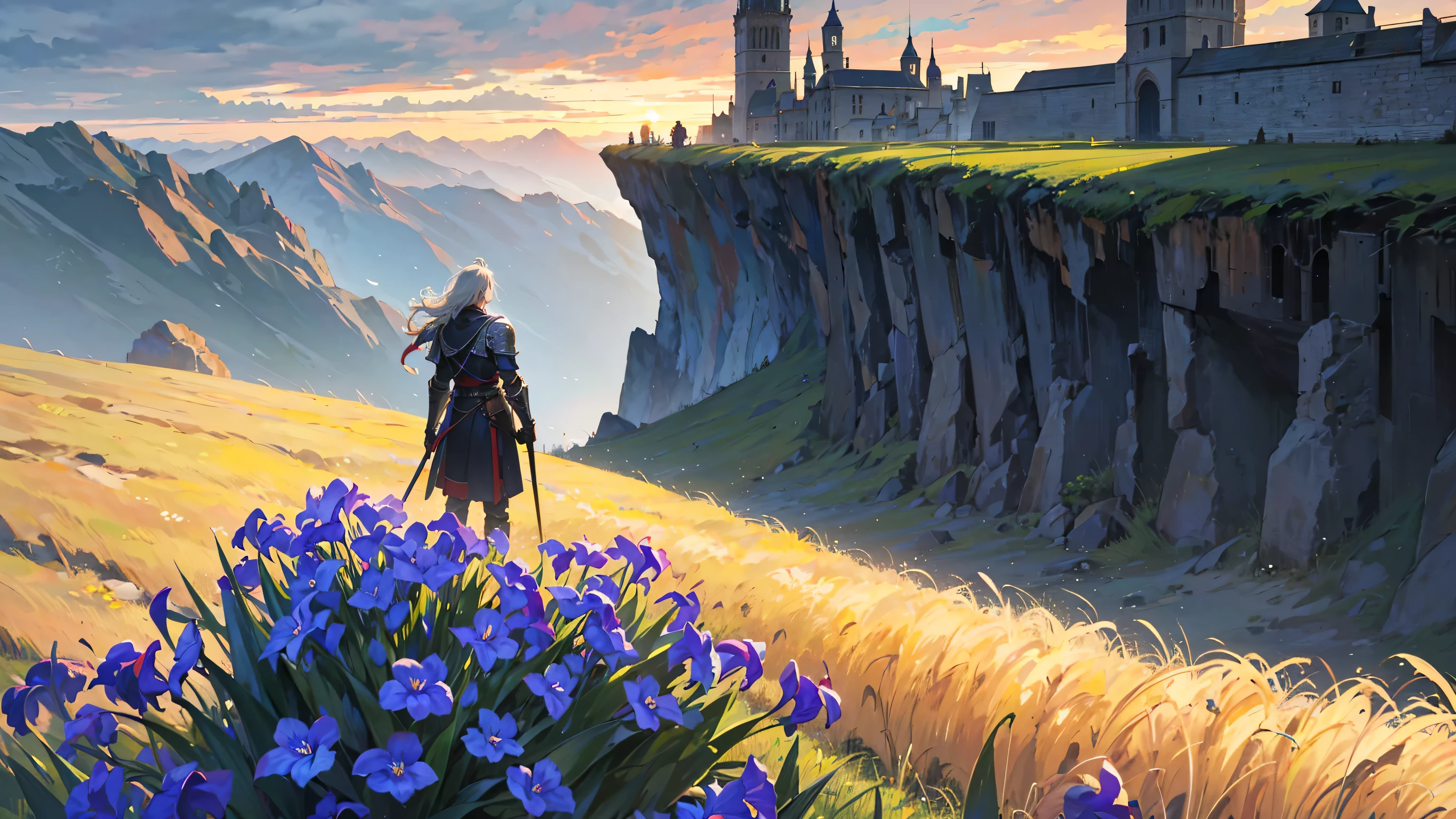 (best quality,4k,8k,highres,masterpiece:1.2),ultra-detailed,realistic,photorealistic:1.37,pristine grassland,dark cloudy sky,distant castle, cliff,gray-haired man,holding a massive battle axe,wearing armor,golden irises gazing into the distant sunset,waves of wheat swaying in the breeze.The composition mainly highlights the characters,Detailed face,Standing on the cliff and looking down