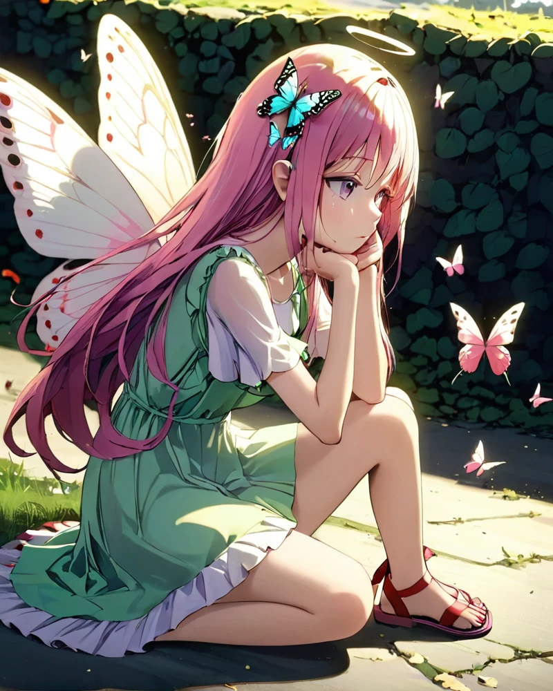 1girl, pink long hair, butterfly headress with violet eyes, wearing angel clothes green dress, red sandals, white butterfly wings, female , high res, ultrasharp, 8K, masterpiece, worried face, sitting on the ground. Side view