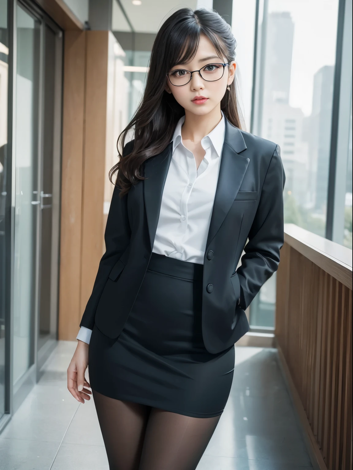 alone、solo、OL in her 20s in office uniform posing for a photo、(Black Pantyhose)、(Half Up),victory、Tsundere、Single knot、OL、suit、blue mini skirt、anger、small、Glasses、slim girl model photo、physical:the smallest middle-aged man in history、female model、Japanese female fashion model、(8k、RAW photo、highest quality、masterpiece:1.2)、(real、photorealistic:1.37)、Super detailed、Ultra high definition、office Street、 standing position、whole body、((((SEXY)))