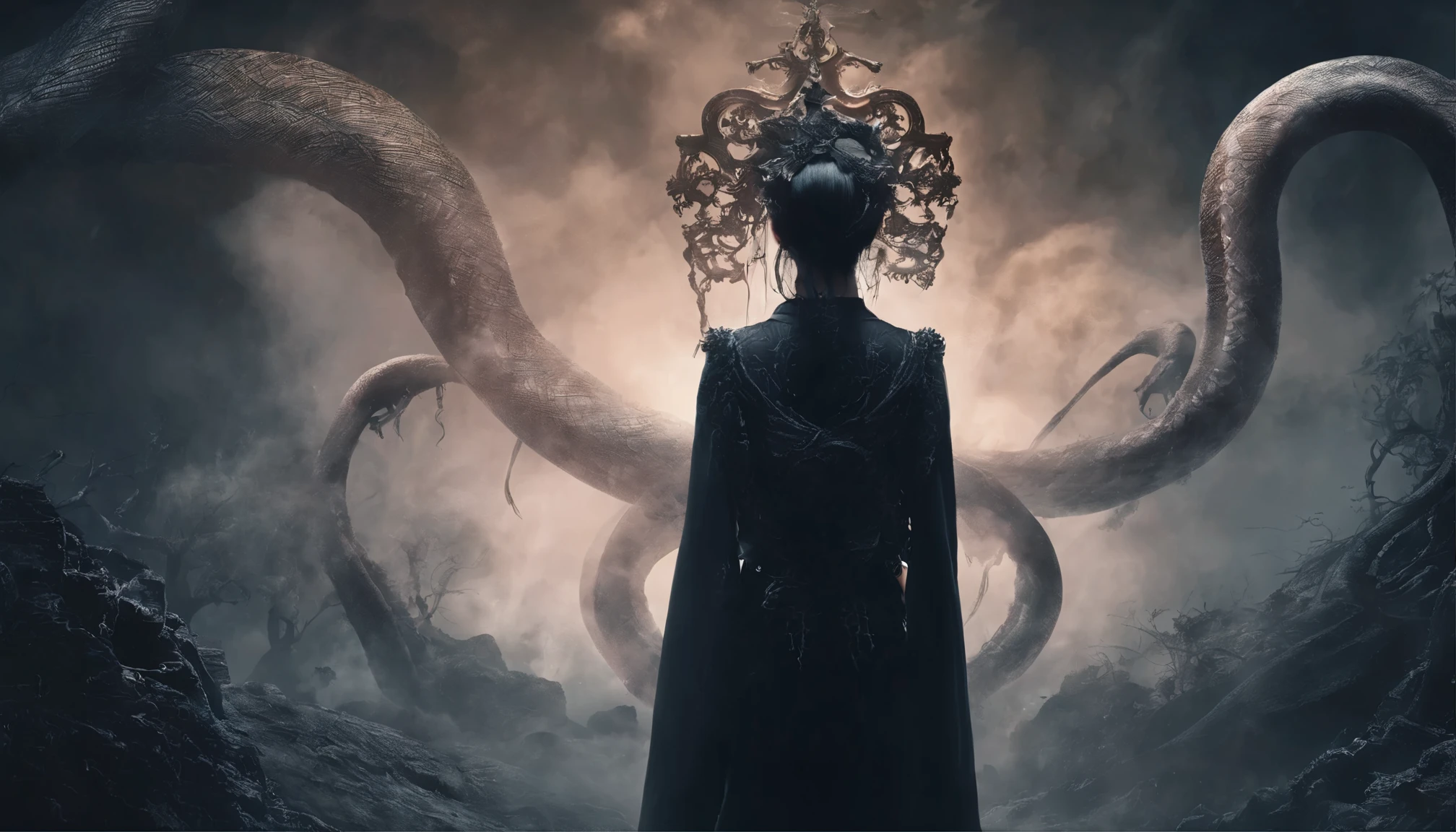 (masterpiece), scared, dark, spooky, Underwater fog liquid swirling void, highest quality, Front view, Satanic, Asian 18 year old age girl Liu Wen, Shaved eyebrows, With big black ram horn, , A large snake with slimy tentacles wrapped around her shoulders. Moody and dramatic lighting, Lan Yun, storm, lightning, Smoke and foggy environment, Fuzzy smoke background, Wide-angle shot, Wide-angle shot, Elevation, Extreme angle shot, Vignette, A surreal nightmare,