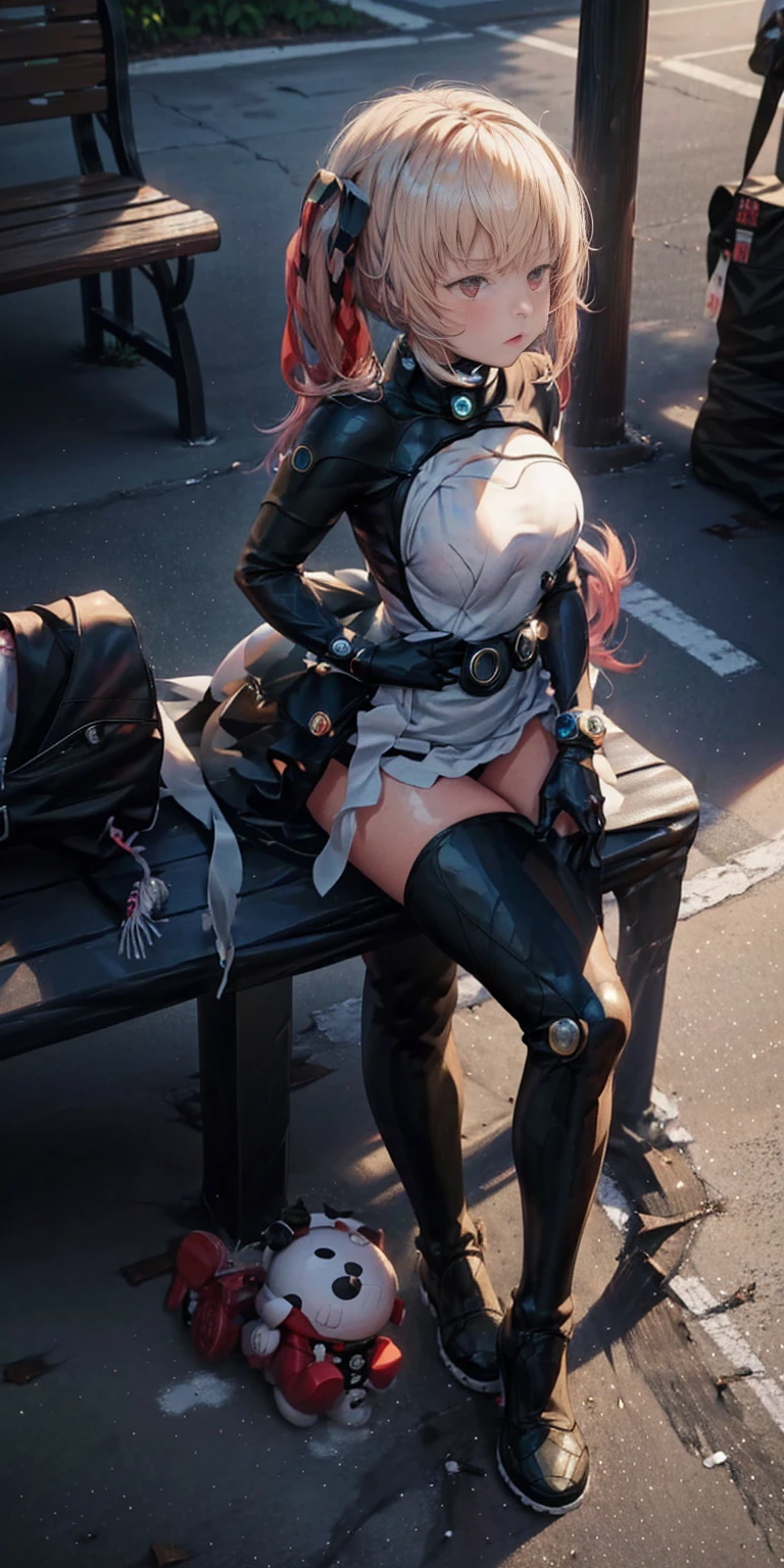 Full body of a toy doll of Cocoa from "Nikke" sitting on a wooden bench on park showing her back to me, black gantz suit, sit, bench, red gloves gauntlets, military high boots bootstraps, red cheeks, thick hips, hands on hips, metal handcuffs clenching fist