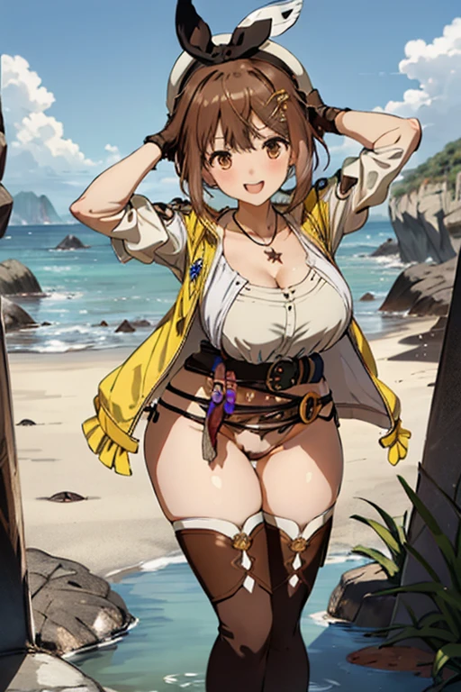 ((highest quality)), ((masterpiece)),High resolution,Sharp focus,(Super detailed,Very detailed),(Very detailed CG unity 8k wallpaper),
(((Vibrant colors))), Perfect Face,
Liza Lynn Stout, Raisalin Stout,
Big Ass,Big Breasts,glamorous_expensive_Tight waist_Long legs,curve,Thighs,curvy,
very shiny 肌,Shiny body,plastic glitter 肌,exaggerated shiny 肌,illuminated skin,
cute,Lewd,erotic,Bold,Camel Toe,short hair,Brown Hair,Knee socks,gloves, brown gloves, 片手gloves,レザー gloves,
White Hat, Star Necklace,hair ornaments, (Brown eyes:1.5), Hair Clip,
8k wallpaper, (figure:0.8), (Beautiful fine details:1.6),
Very detailedな顔, Very detailedなCG, (Perfect hands, Perfect Anatomy),
smile, Open your mouth, side-tie bikini,cracked cobblestone,Mossy wall,Beyond the Clouds, Surrounded by water, reflection,Breathtakingly beautiful clouds,Beach,Place your hands behind your head,