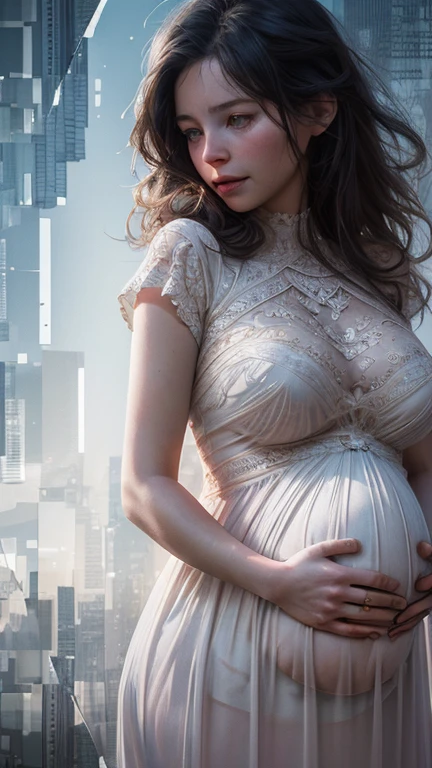 Reality, original photo, Movie photos, high resolution, best quality, 8k wallpaper, official art, Award-winning works, (Double exposure artwork: 1.4), A pregnant mother holding a ，Mother&#39;s big belly，Mother in white dress and baby wrapped in cloth in semi-transparent, Fascinating multiple exposure,  Completed Work as a Work of Art