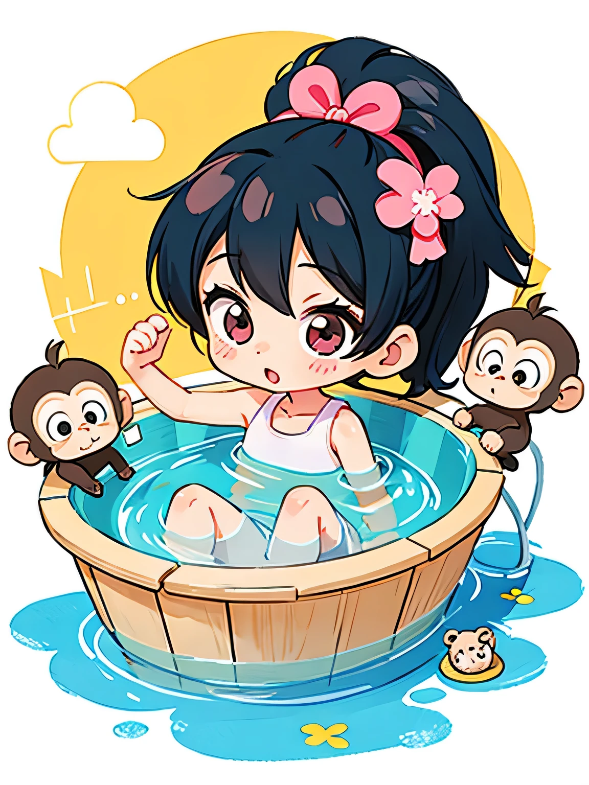 Go Nagai Style, Kawaii Design, Chibi girl monkey, Monkey bathing,