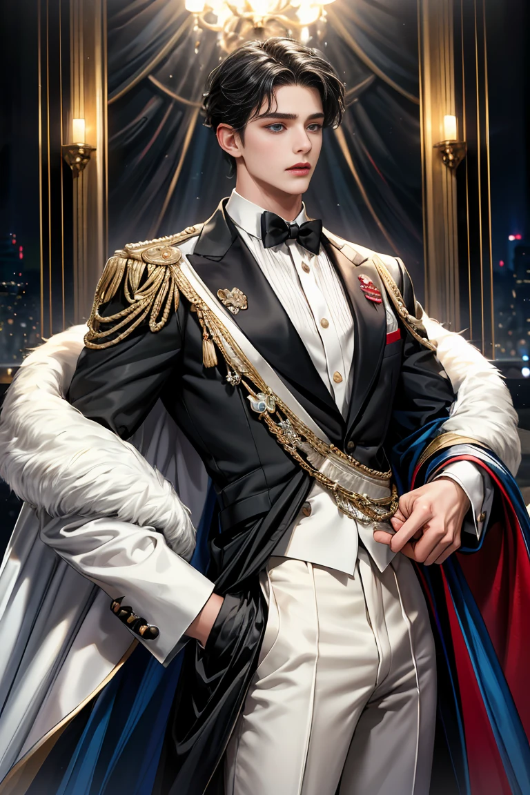 
masterpiece, 最high quality, high quality, 1 boy, alone, Male focus, Watching the audience,  Messy black hair, Adorable big blue eyes, White, Noble, Noble, Tuxedo、A very voluminous, large, very large, very large, long, long red and black cape with a high stand-up collar, made of a lot of fabric that reaches down to the floor., 17 years old,Cute beautiful boys,Cute, cute, kind, handsome guy