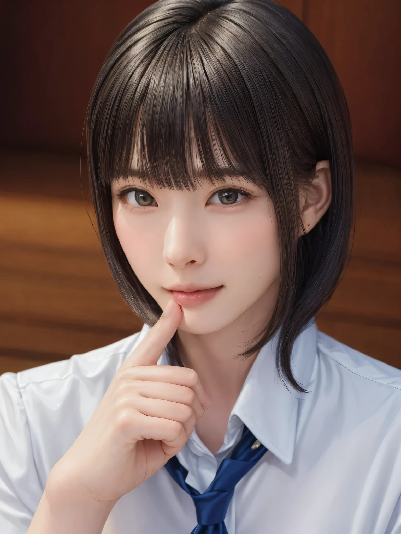 (masterpiece:1.3), (Realistic, RAW Photos, highest quality: 1.4), (One Girl), Beautiful Face, (超Realistic Face、シンメトリーのBeautiful Face), (Short black hair, short hair:1.6、bangs:1.3、Show off your beautiful ears), Beautiful hairstyle, (Realistic eyes), Beautiful details, Long eyelashes, (Realistic Skin), Beautiful Skin, [Big Breasts:1.3], (Perfect body:1.3), (Detailed body:1.2), (tie), (Collared shirt, Pleated skirt:1.3), Absurd, charm, Ultra-high resolution, Ultra-realistic, Very detailed, Golden Ratio,Very cute beautiful woman、28 years old
